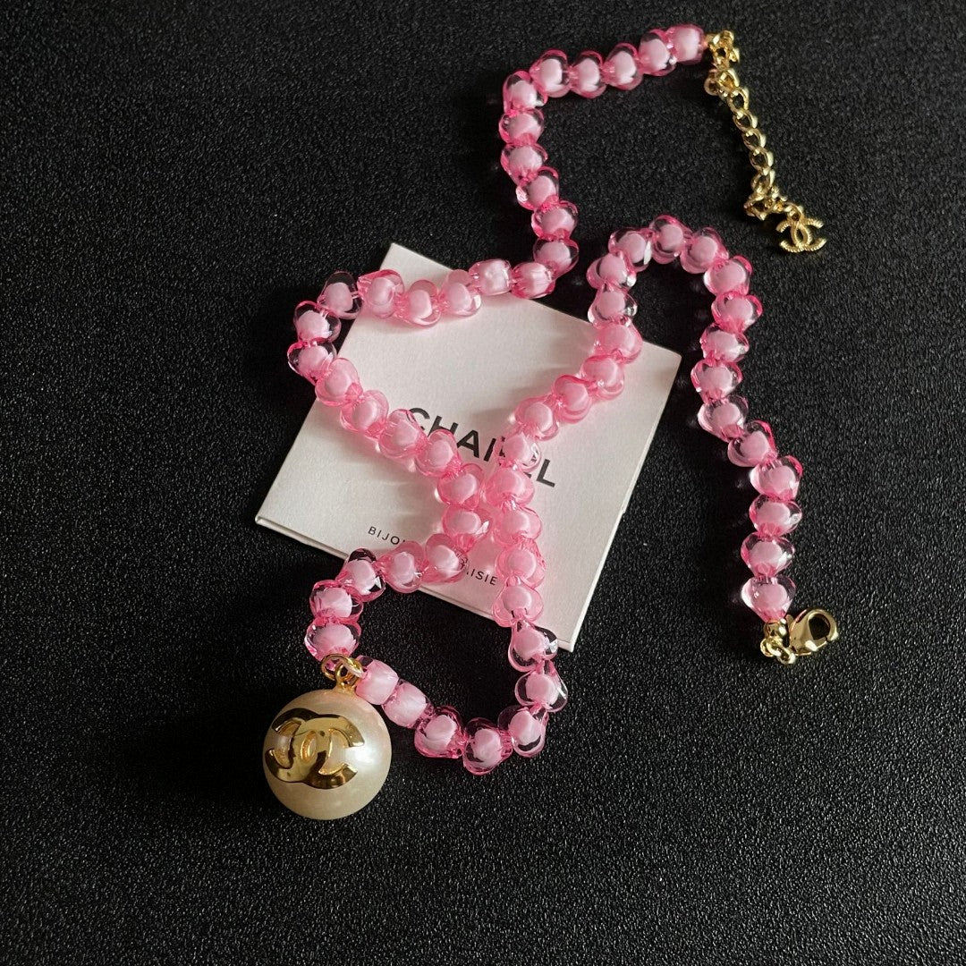 Double-C Emblem Pearl-Detail Pendant Necklace – Pearl Detail – Design 087 front product view