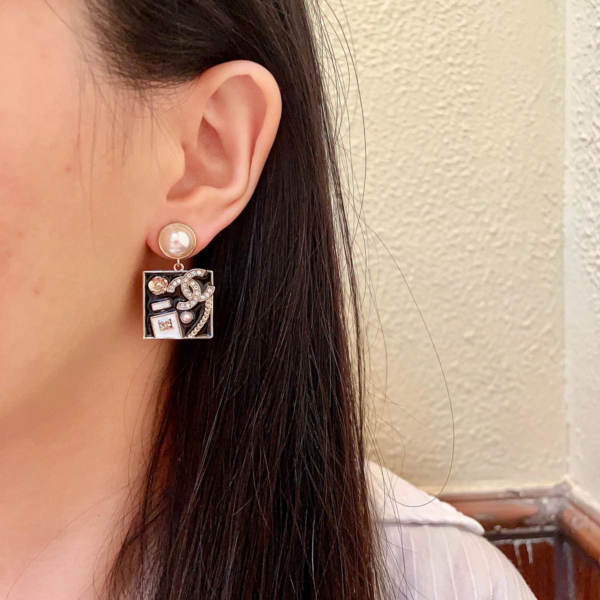 Double-C Emblem Statement Earrings in Polished Metal-Tone – Design 005 detail view