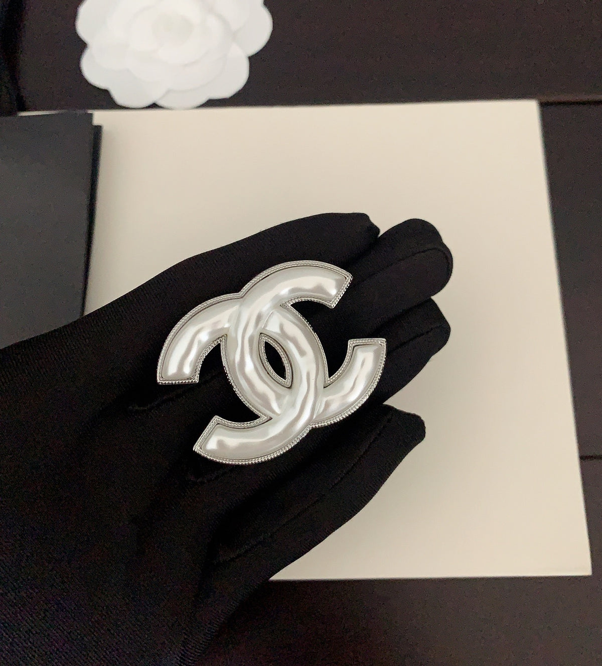 Signature Emblem Brooch in Gold-Tone – White Detail main product view