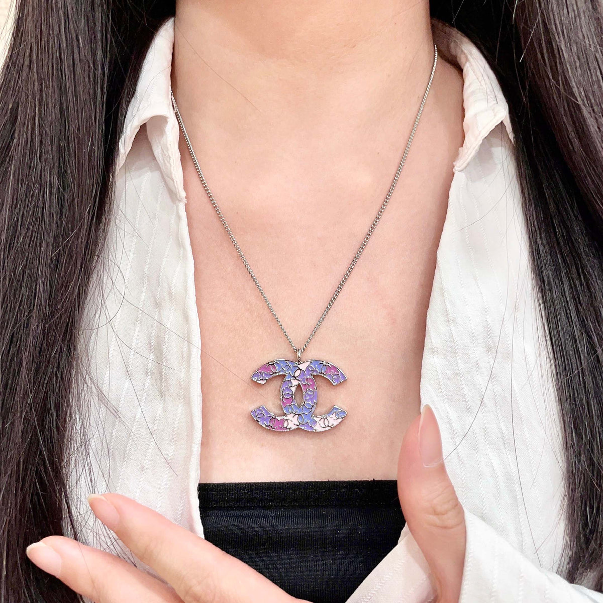 Double-C Emblem Pendant Necklace in Polished Metal-Tone – Design 015 front product view