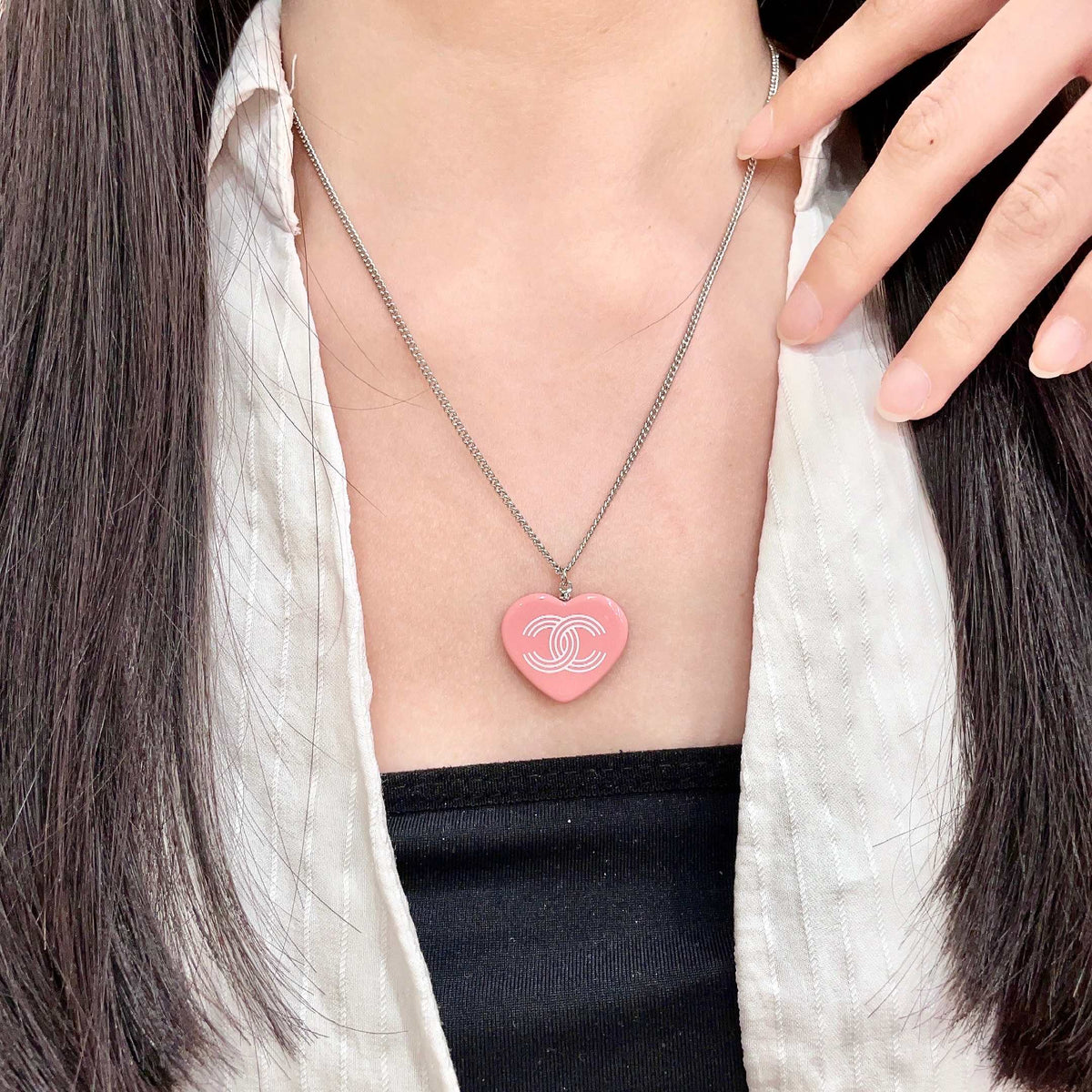Double-C Emblem Pendant Necklace in Polished Metal-Tone – Heart Detail main product view