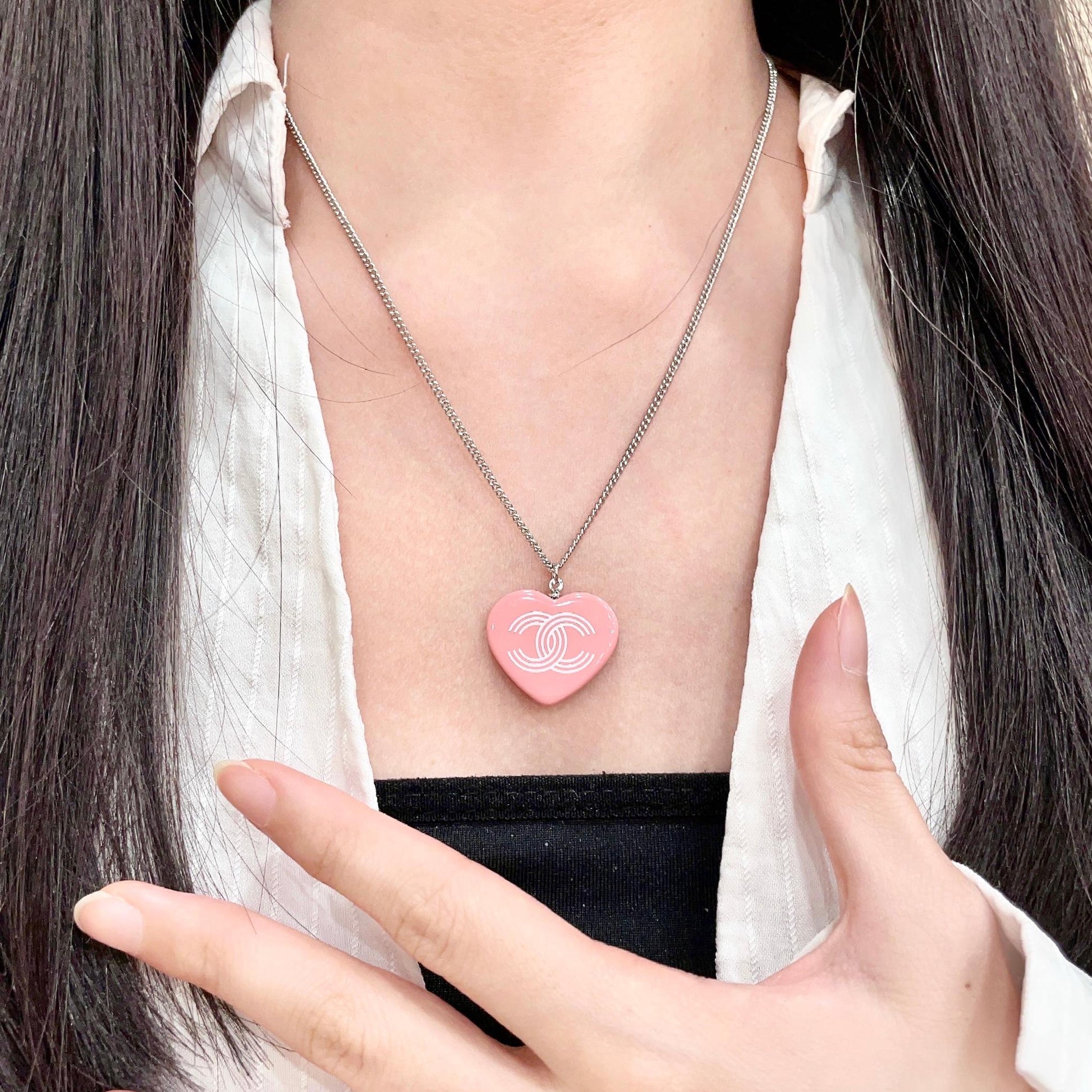 Double-C Emblem Pendant Necklace in Polished Metal-Tone – Heart Detail front product view
