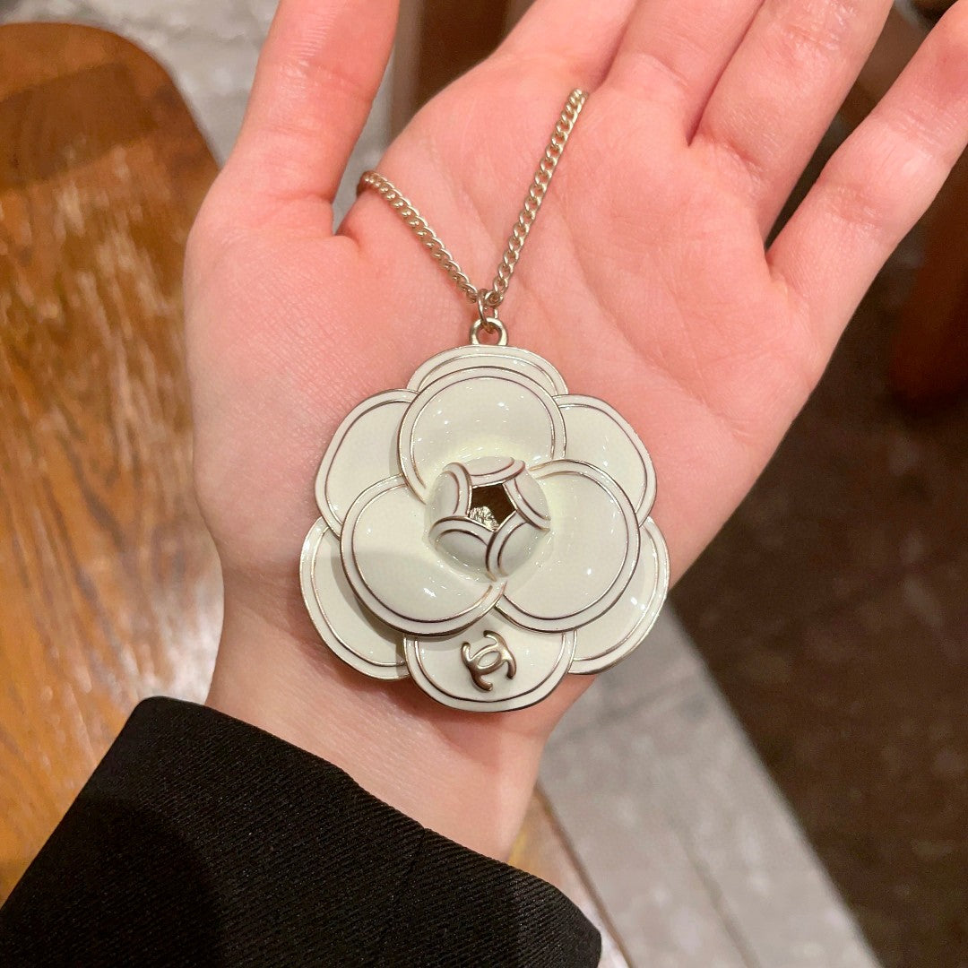 Camellia Pendant Necklace in Polished Metal-Tone – Camellia Detail – Design 007 side detail