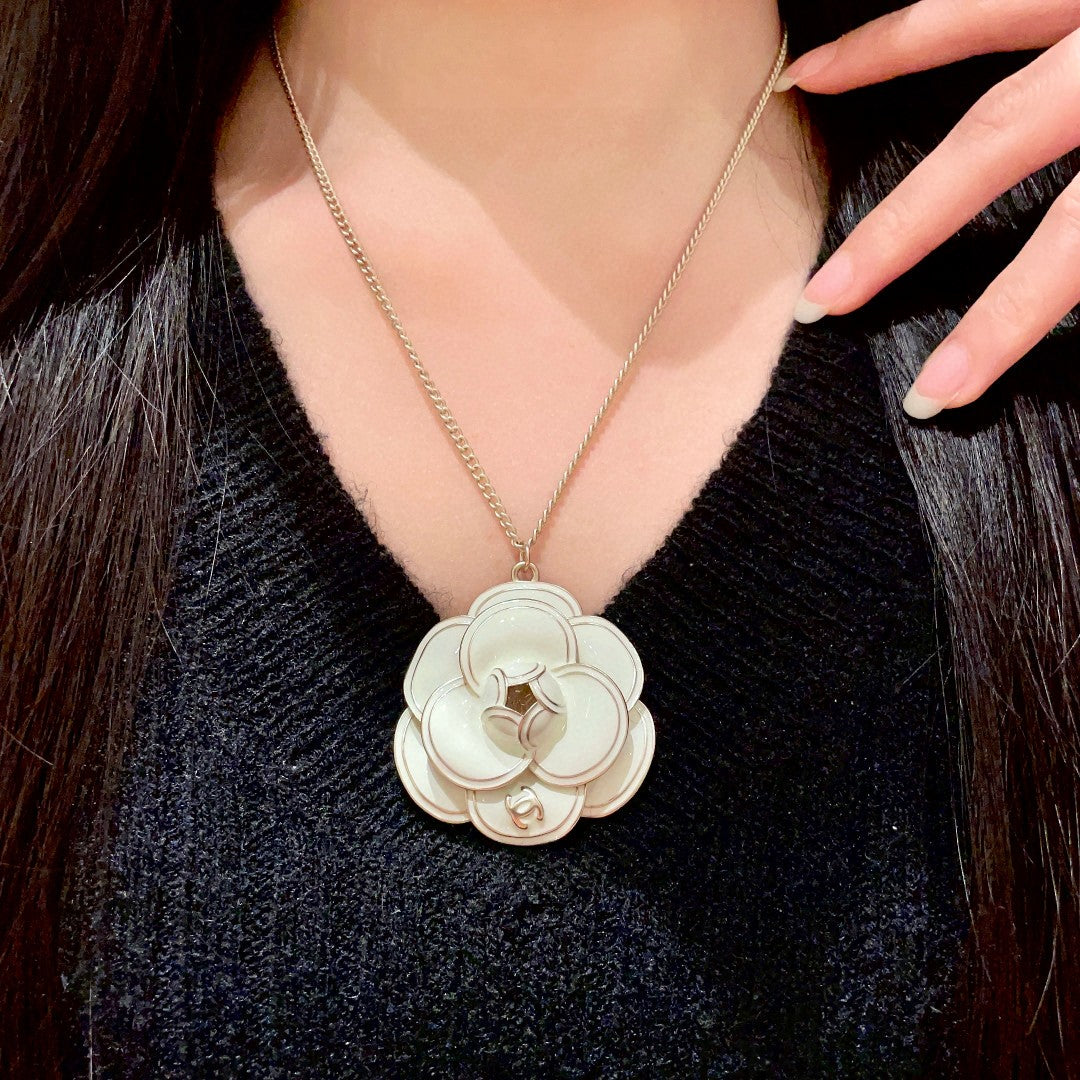Camellia Pendant Necklace in Polished Metal-Tone – Camellia Detail – Design 007 main product view