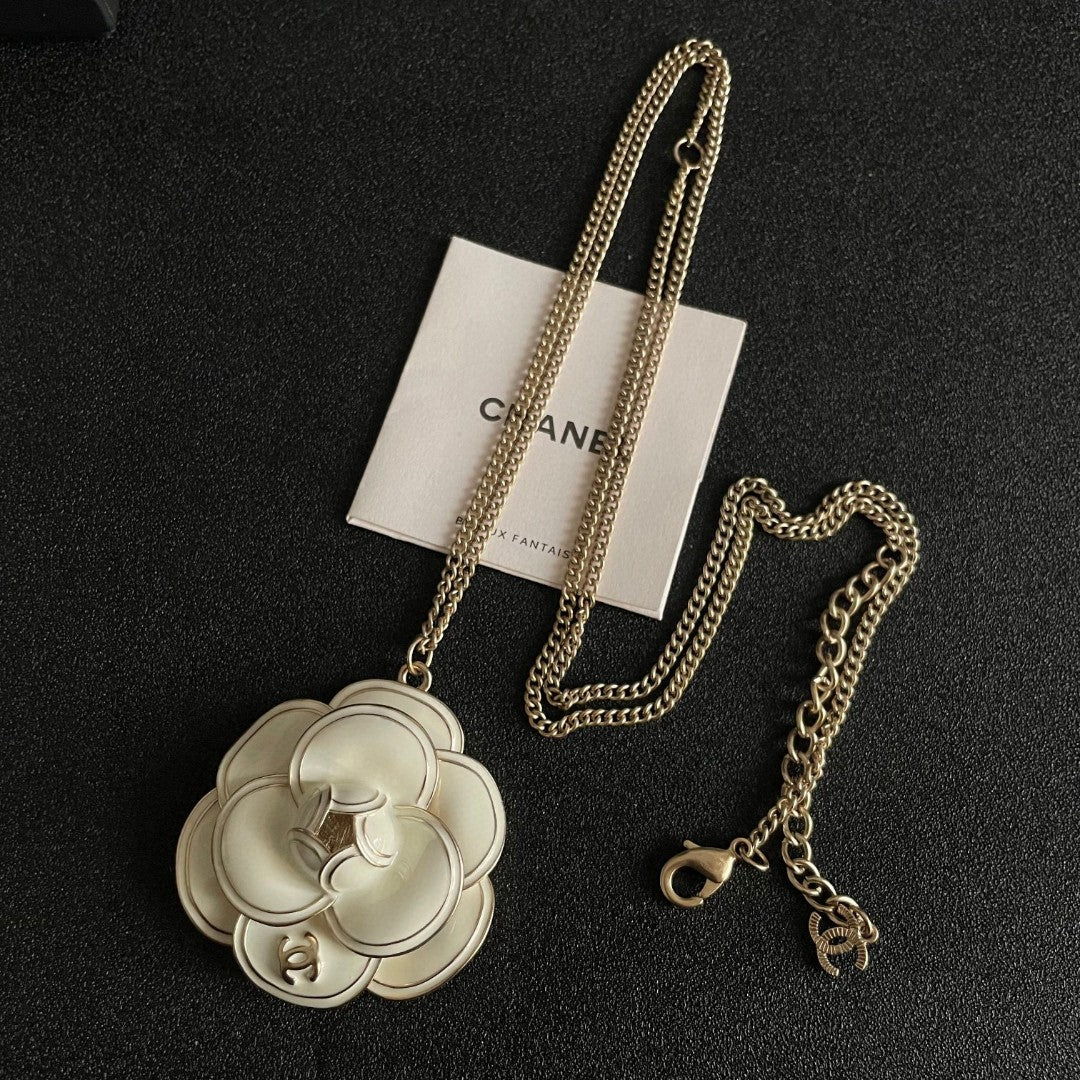 Camellia Pendant Necklace in Polished Metal-Tone – Camellia Detail – Design 007 detail view