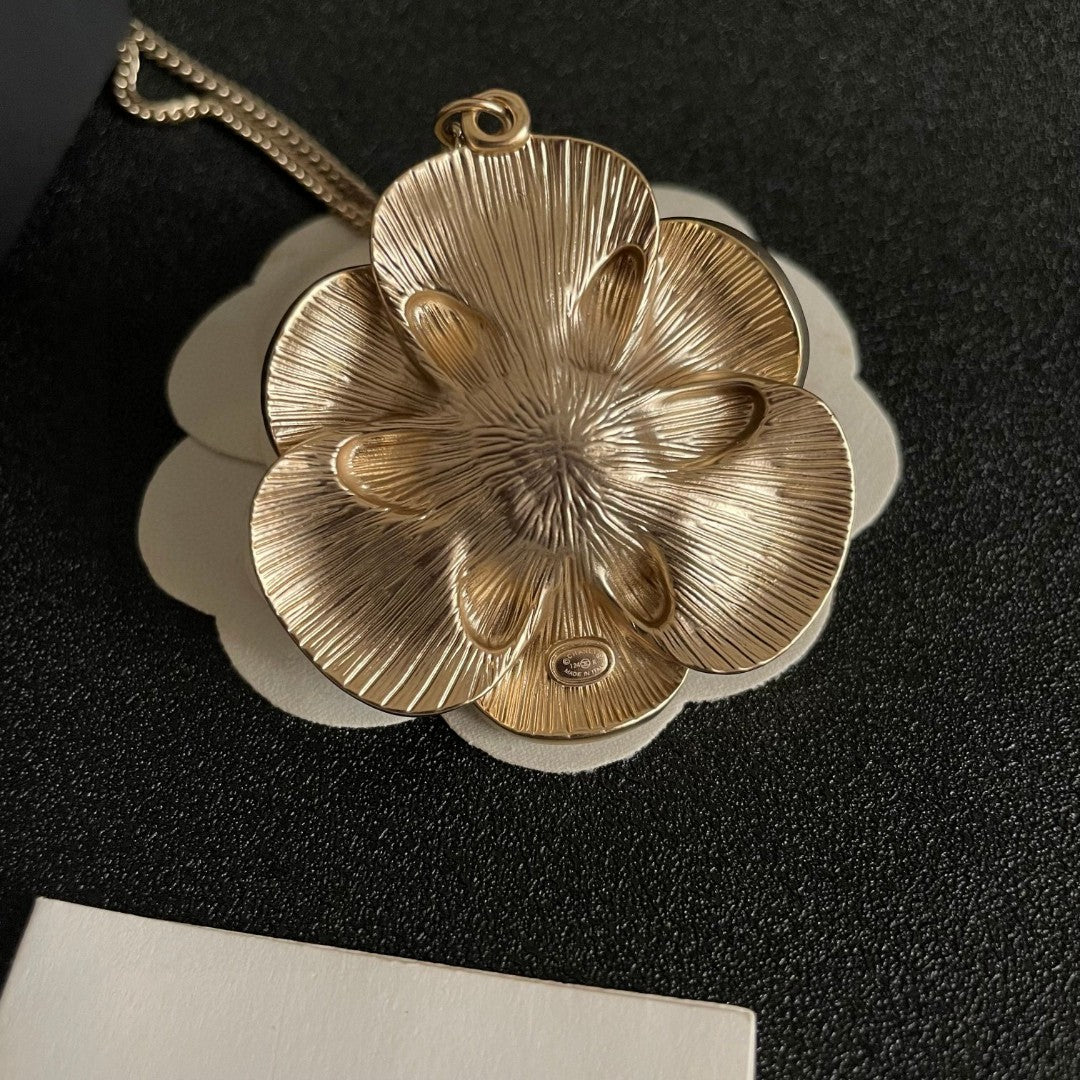 Camellia Pendant Necklace in Polished Metal-Tone – Camellia Detail – Design 007 front product view