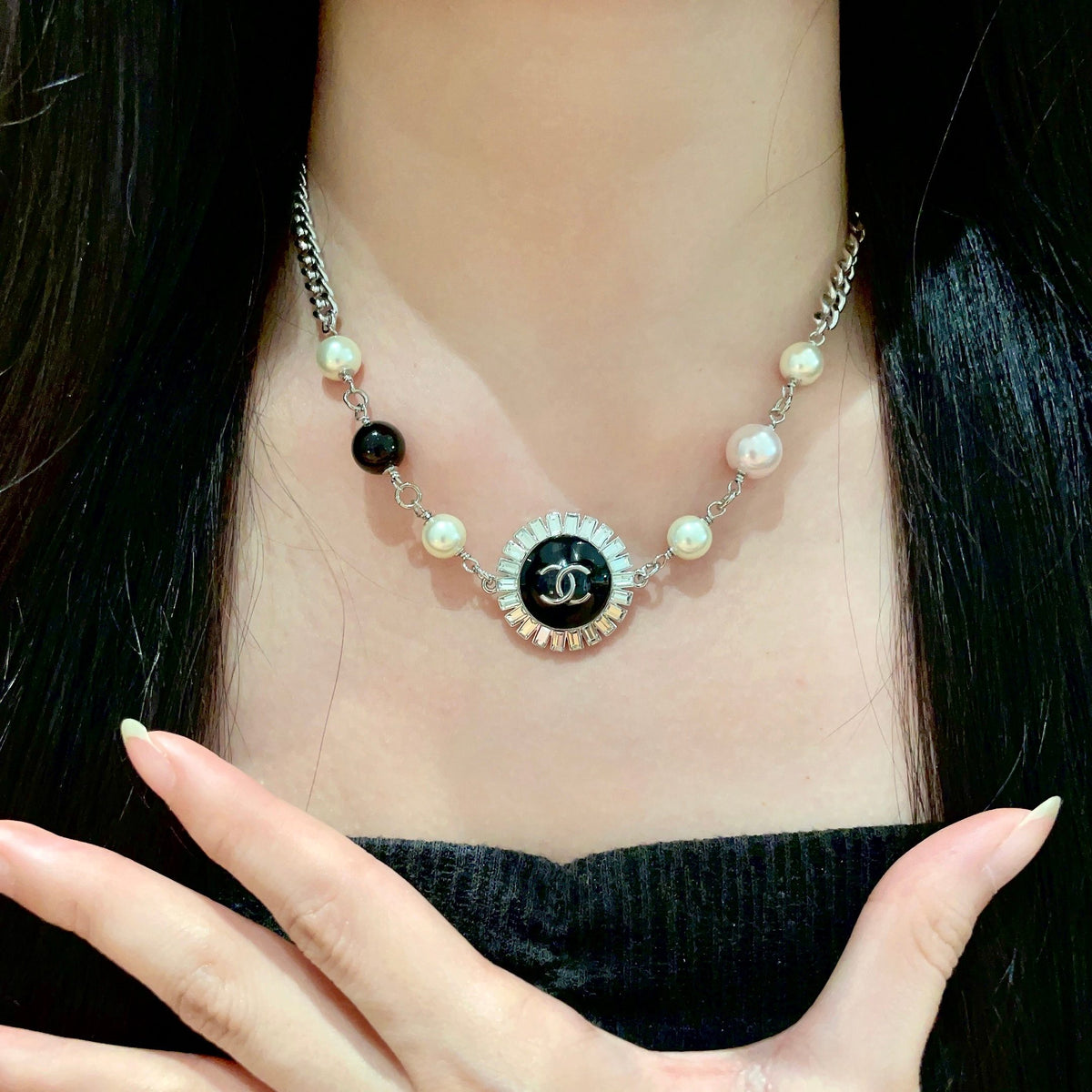 Double-C Emblem Pearl-Detail Pendant Necklace – Pearl Detail – Design 104 front product view