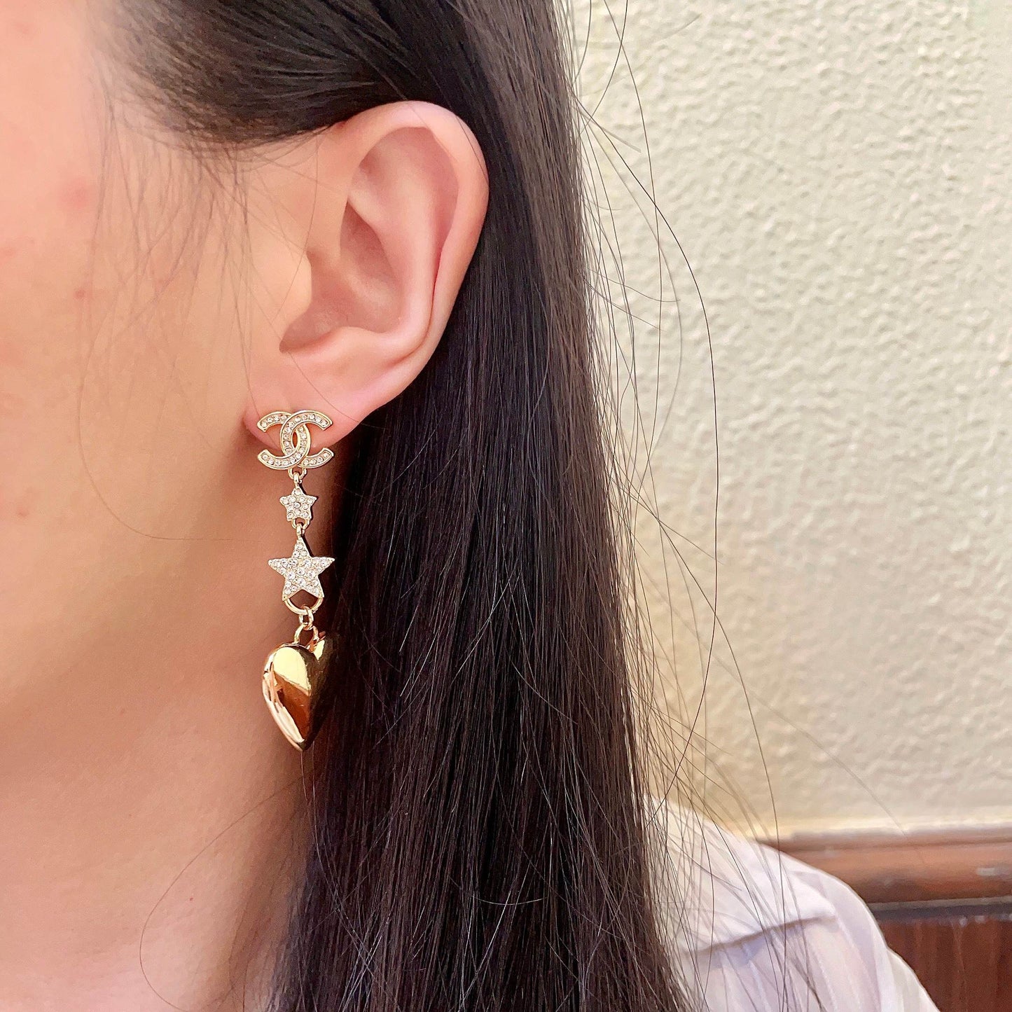Double-C Emblem Statement Earrings in Polished Metal-Tone – Heart Detail – Design 006 detail view