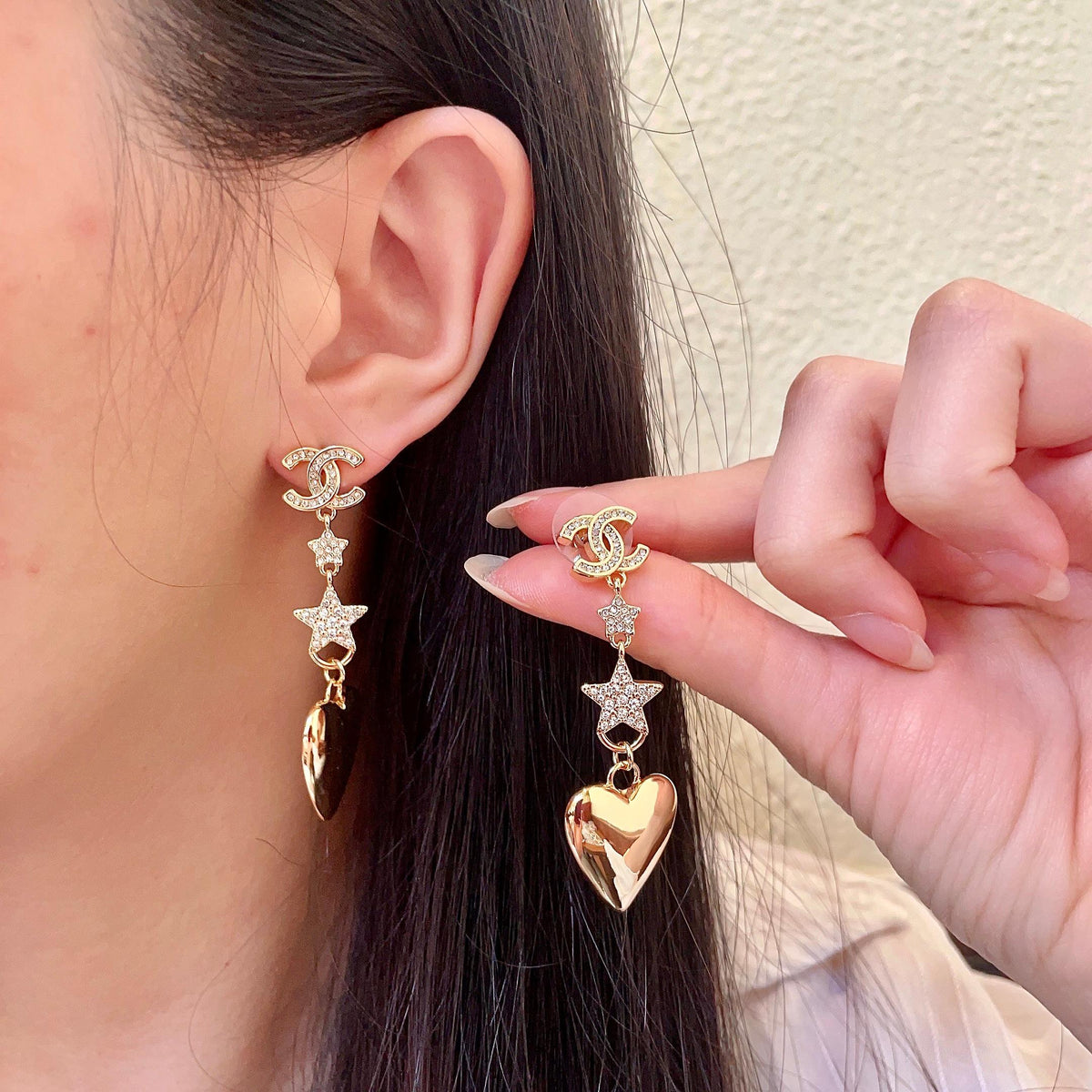 Double-C Emblem Statement Earrings in Polished Metal-Tone – Heart Detail – Design 006 main product view