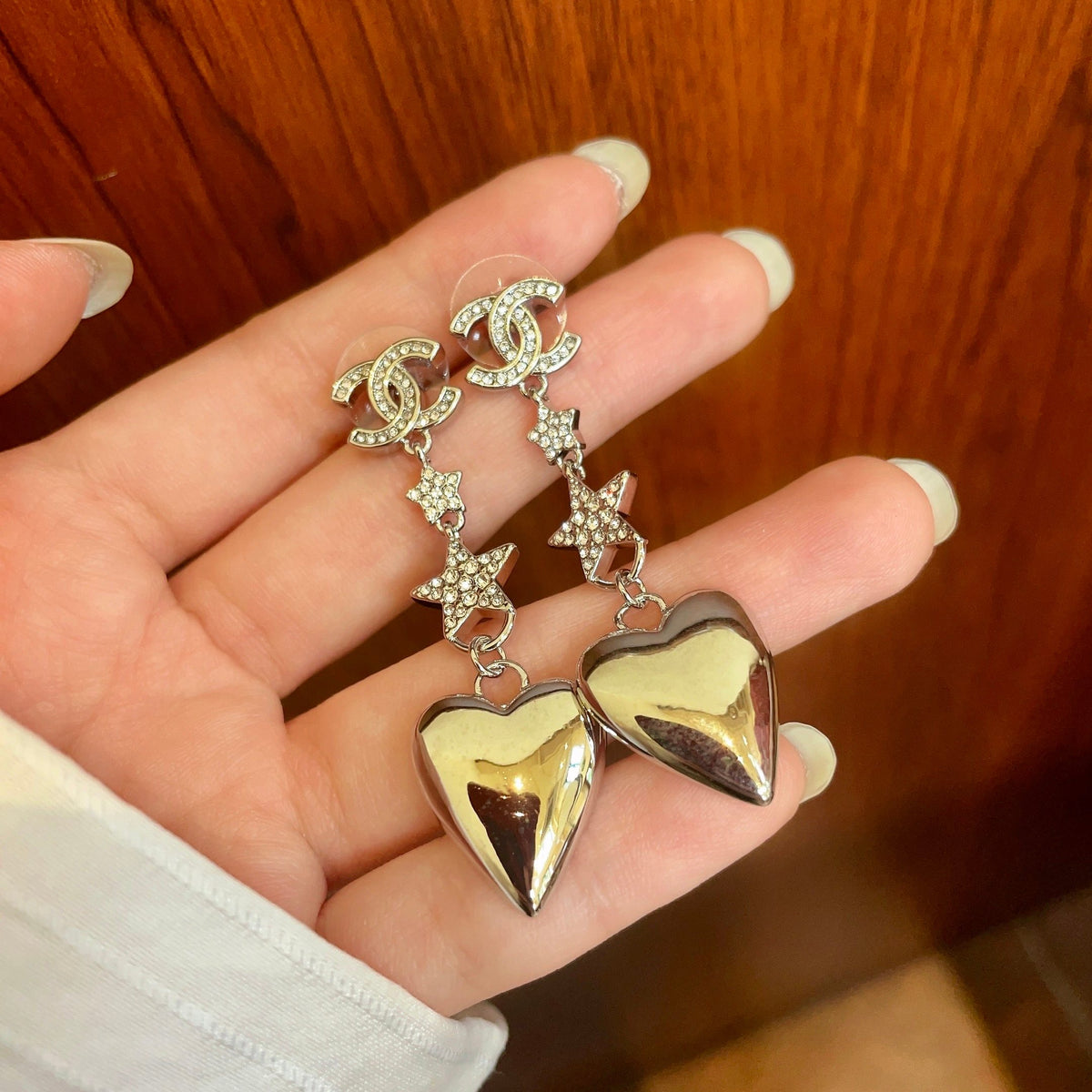 Double-C Emblem Statement Earrings in Polished Metal-Tone – Heart Detail – Design 005 side detail