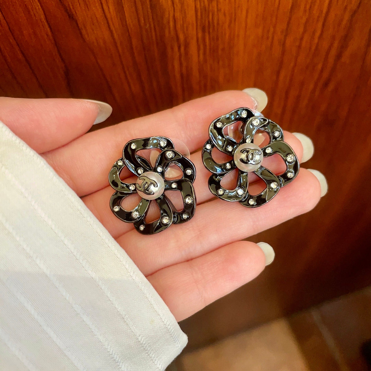 Camellia Stud Earrings in Polished Metal-Tone – Camellia Detail – Design 005 side detail