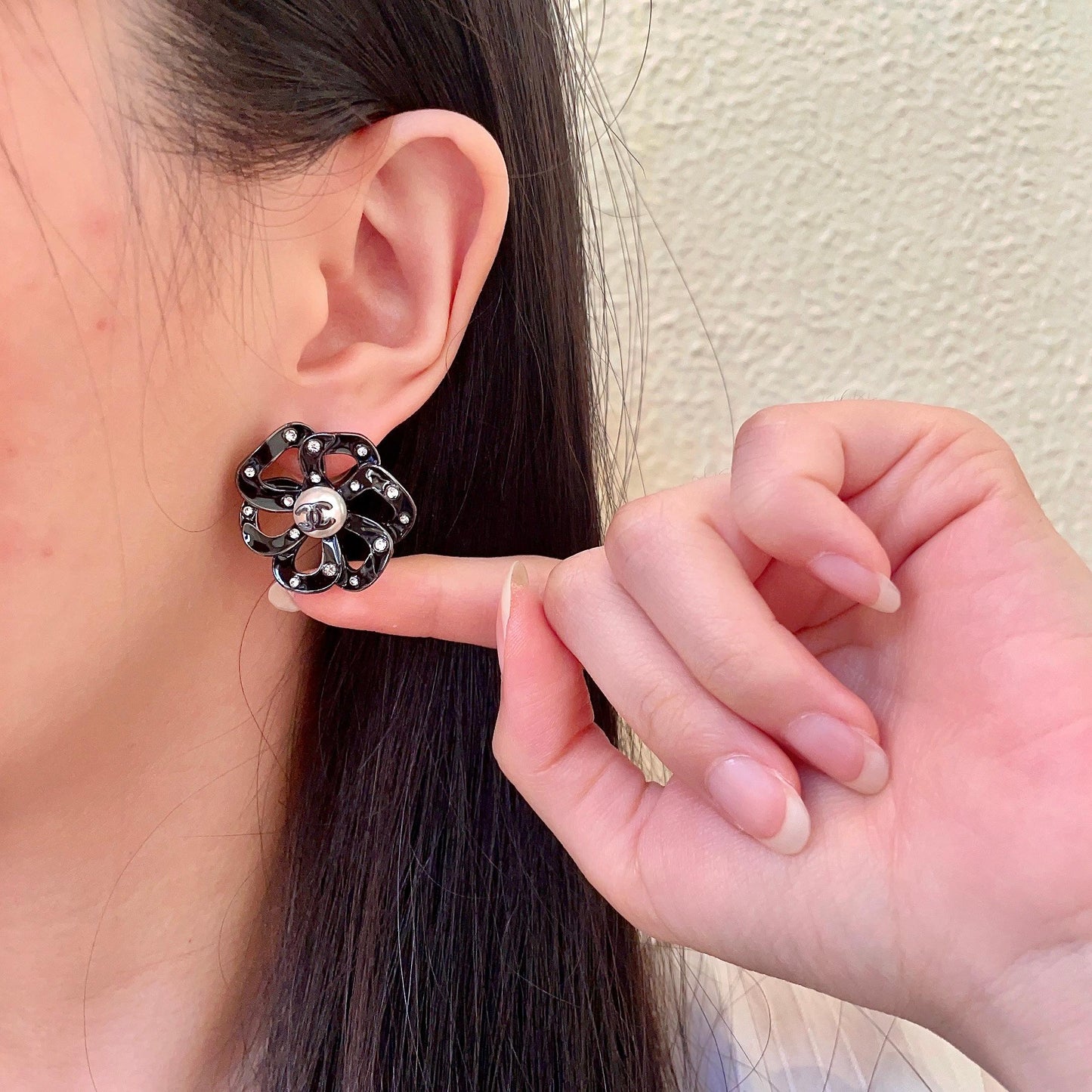 Camellia Stud Earrings in Polished Metal-Tone – Camellia Detail – Design 005 front product view