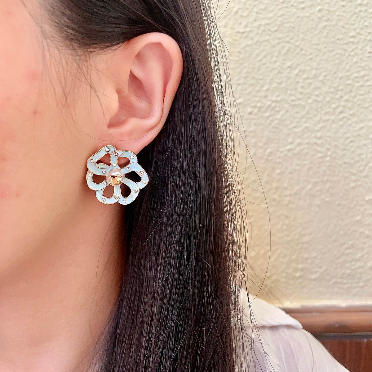 Camellia Stud Earrings in Polished Metal-Tone – Camellia Detail – Design 014 detail view