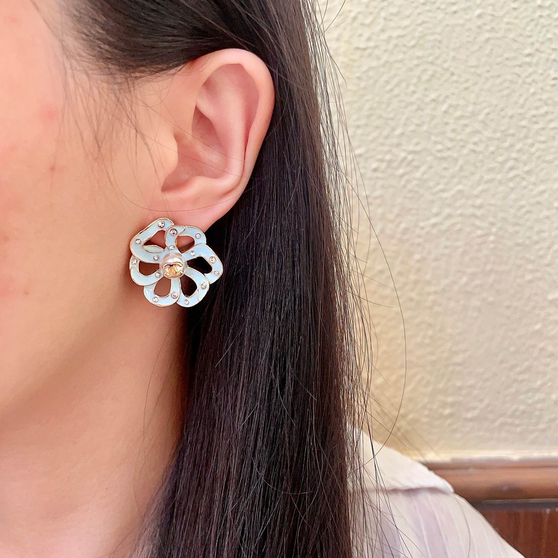 Camellia Stud Earrings in Polished Metal-Tone – Camellia Detail – Design 014 detail view