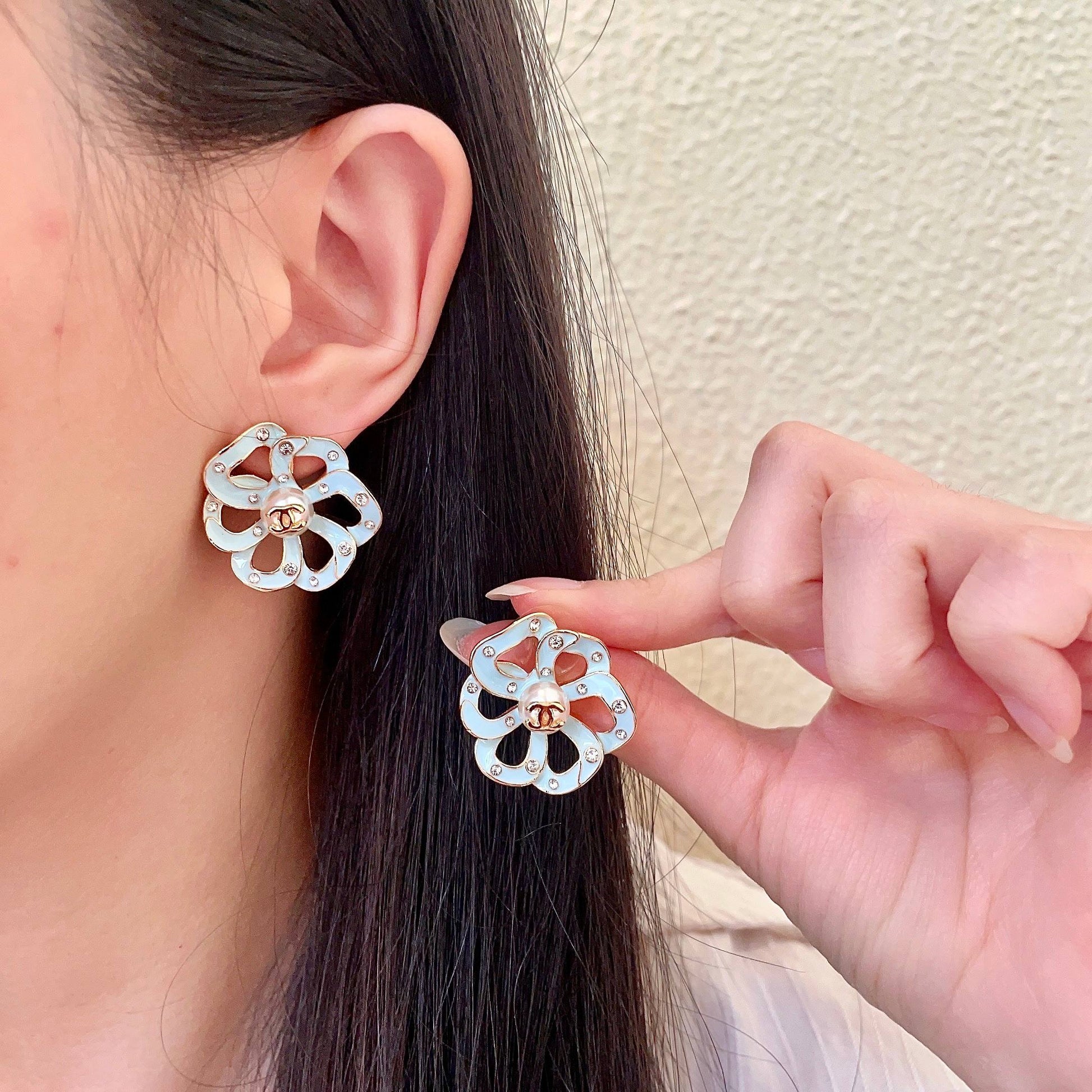 Camellia Stud Earrings in Polished Metal-Tone – Camellia Detail – Design 004 main product view