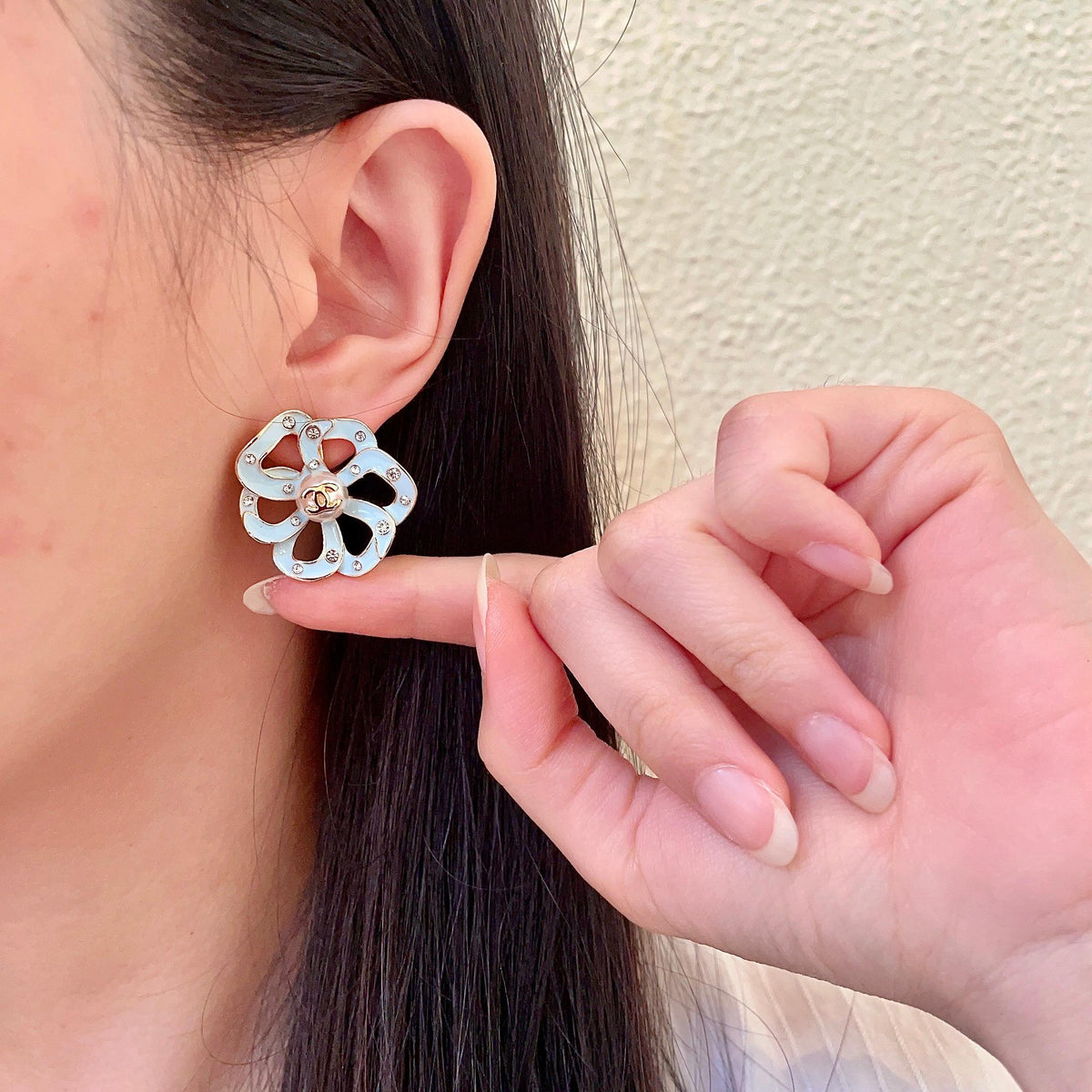 Camellia Stud Earrings in Polished Metal-Tone – Camellia Detail – Design 007 front product view