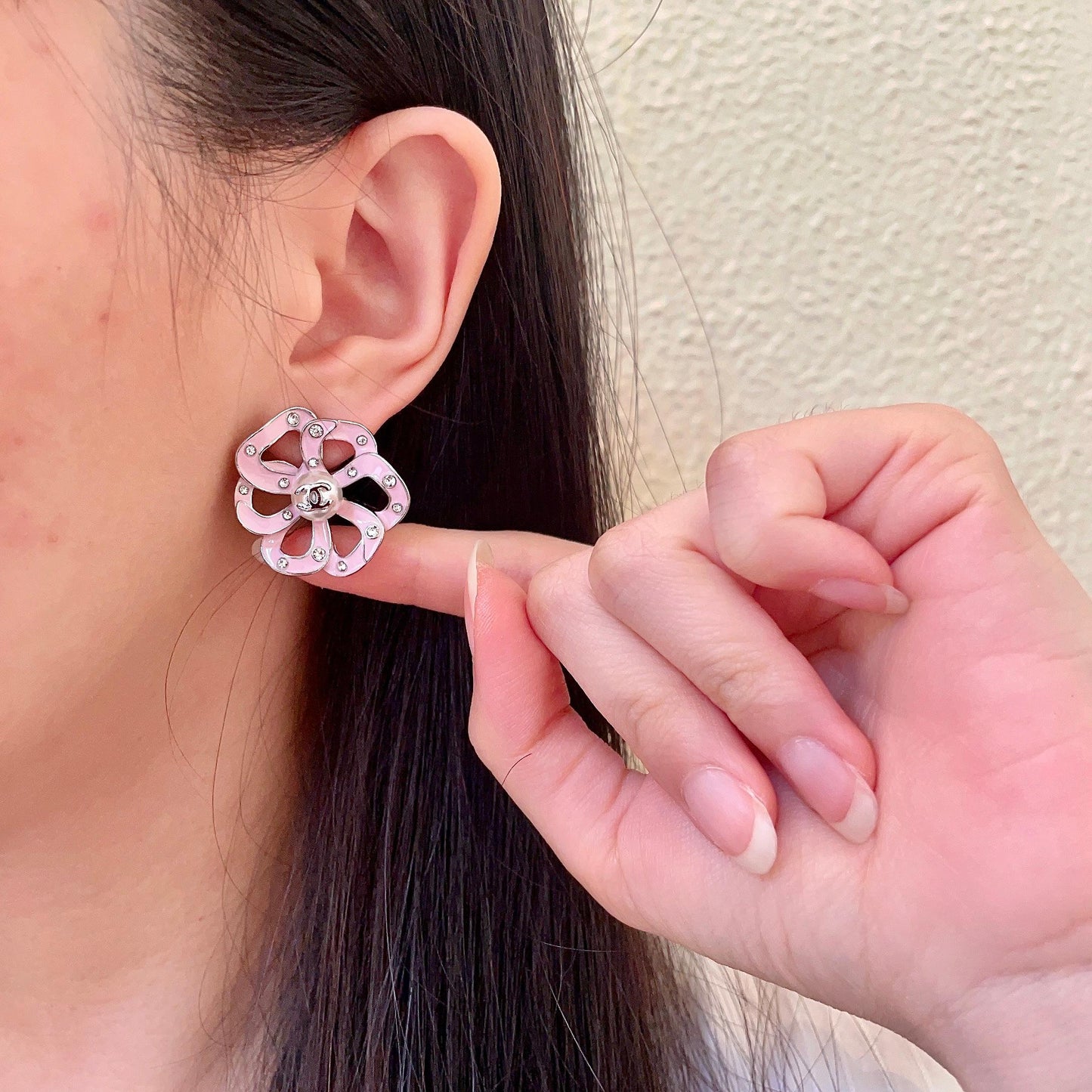 Camellia Stud Earrings in Polished Metal-Tone – Camellia Detail – Design 003 front product view
