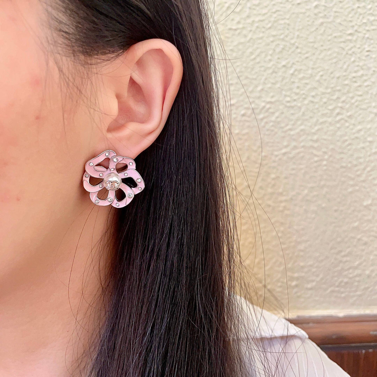 Camellia Stud Earrings in Polished Metal-Tone – Camellia Detail – Design 013 detail view