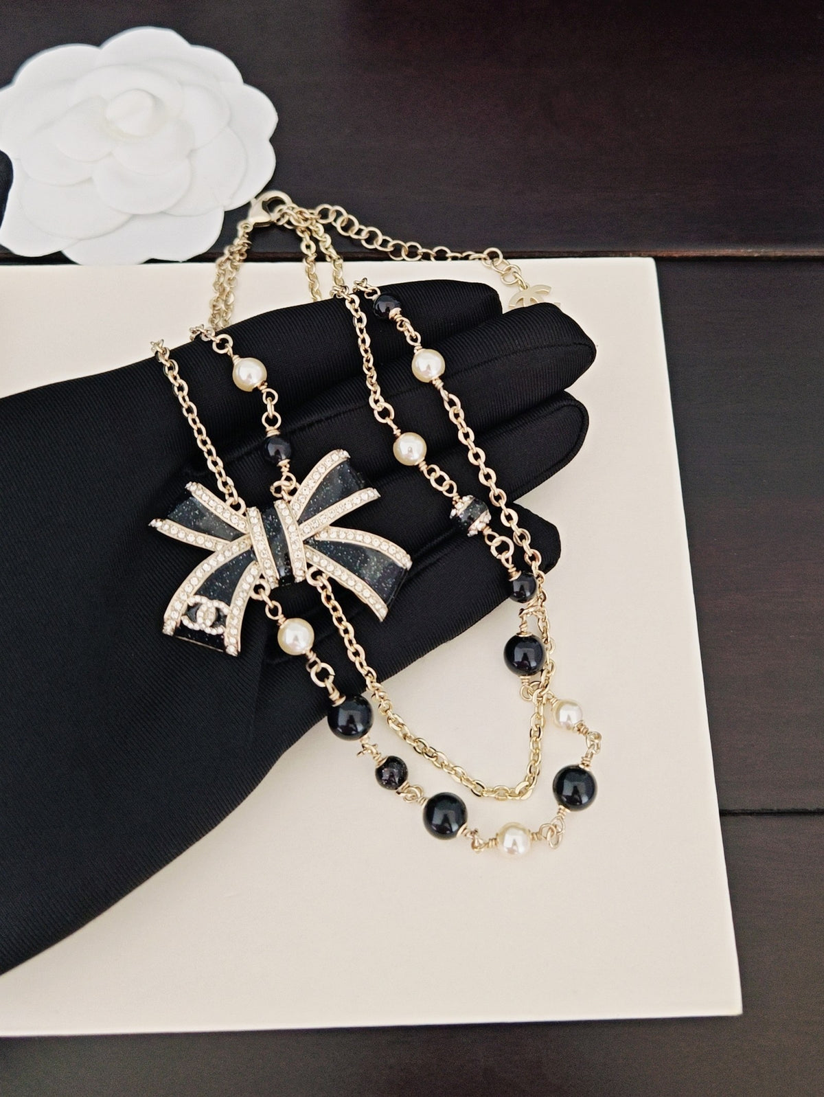 Bow Pendant Necklace in Gold-Tone – Black Detail – Design 003 detail view