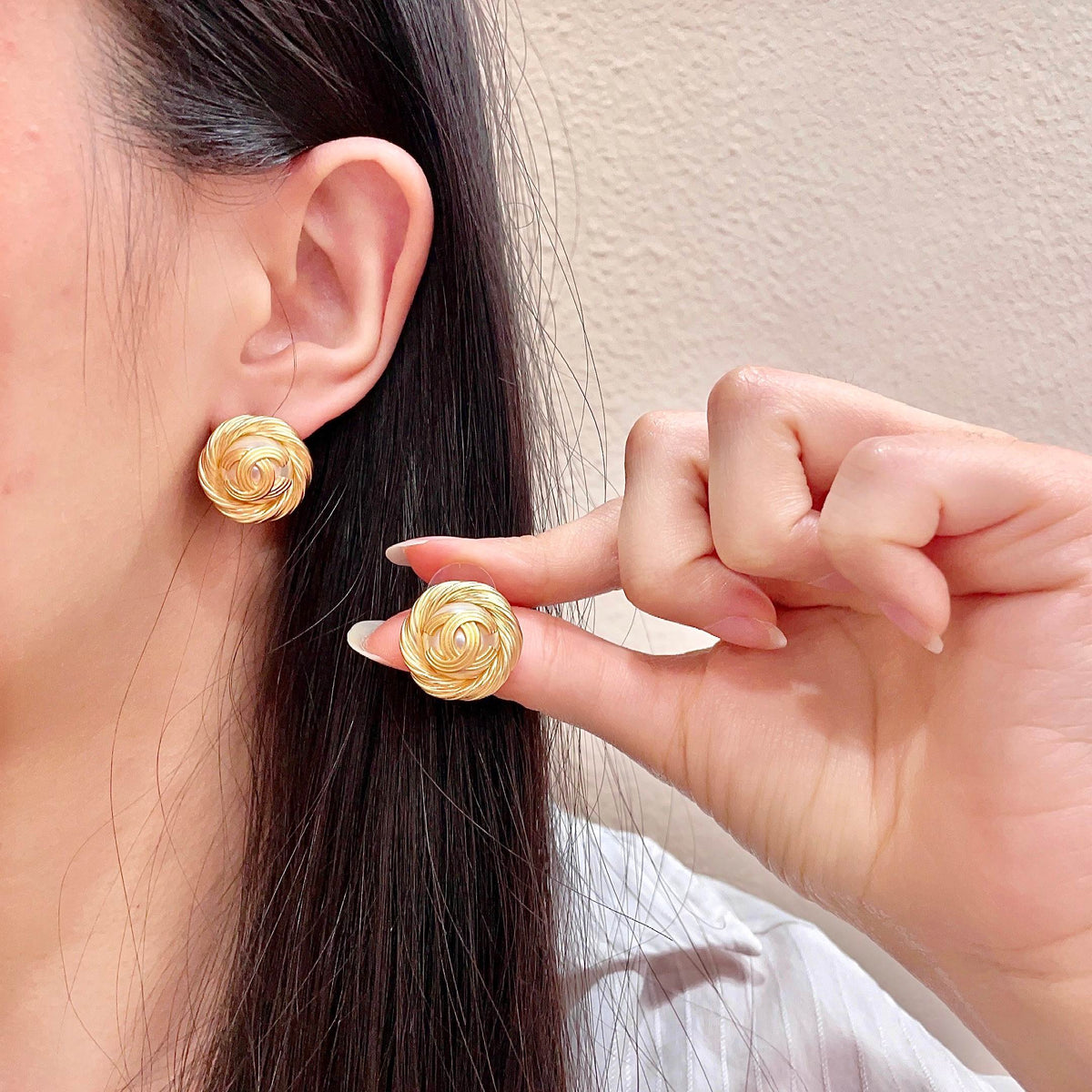Double-C Emblem Stud Earrings in Polished Metal-Tone – Design 302 main product view