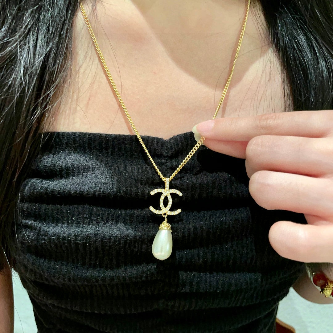Double-C Emblem Pearl-Detail Pendant Necklace – Pearl Detail – Design 023 front product view