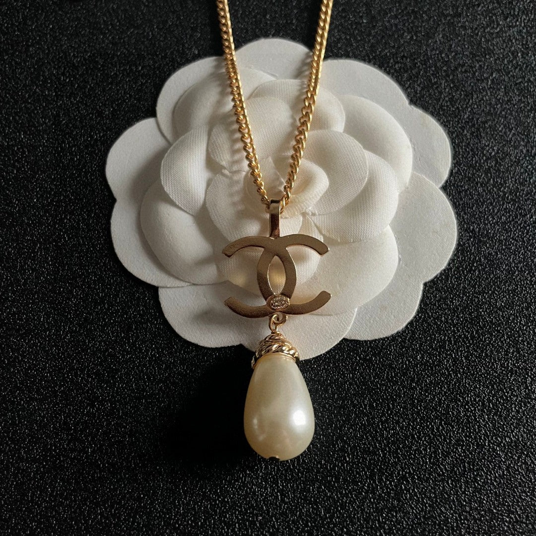Double-C Emblem Pearl-Detail Pendant Necklace – Pearl Detail – Design 023 front product view