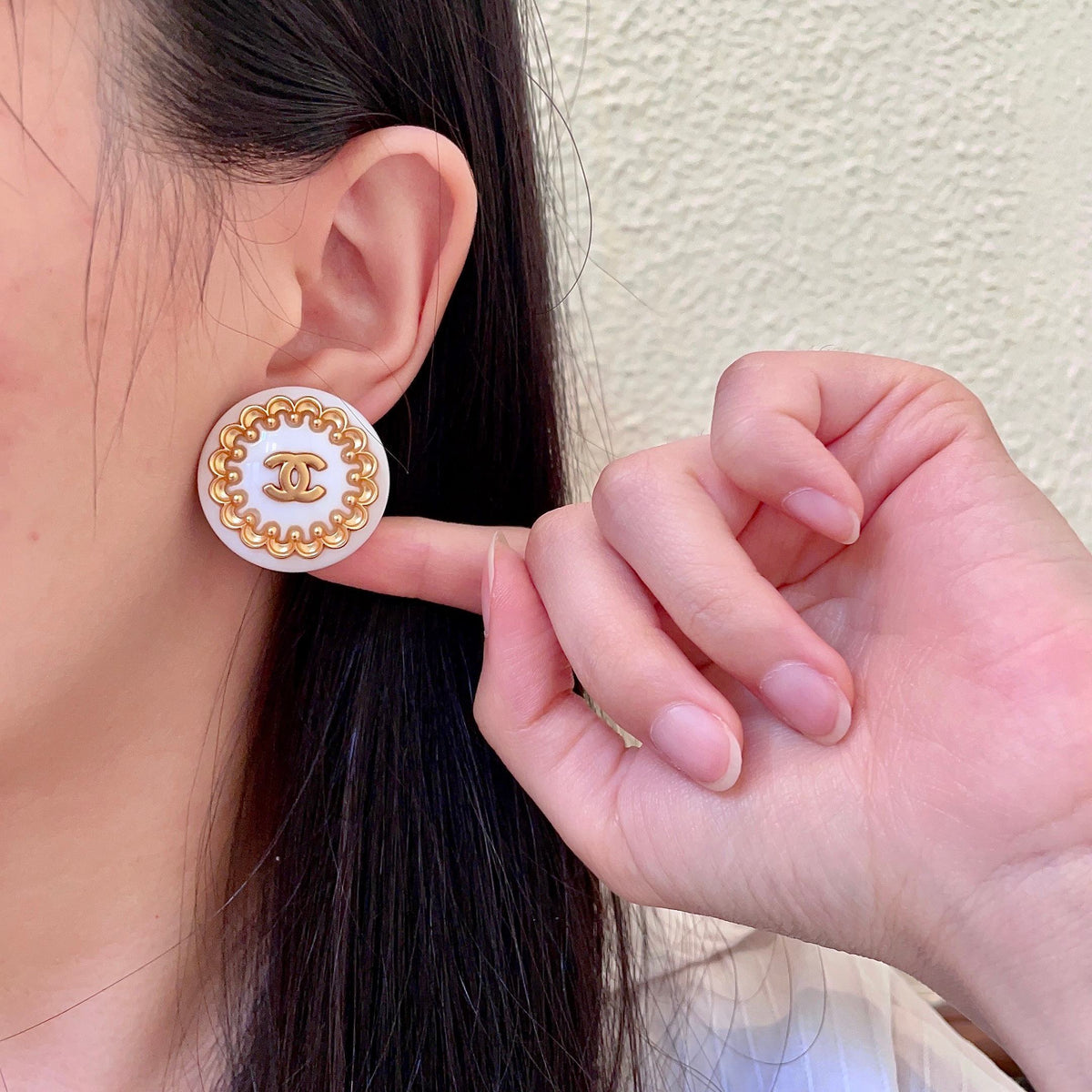 Double-C Emblem Stud Earrings in Polished Metal-Tone – Design 061 front product view