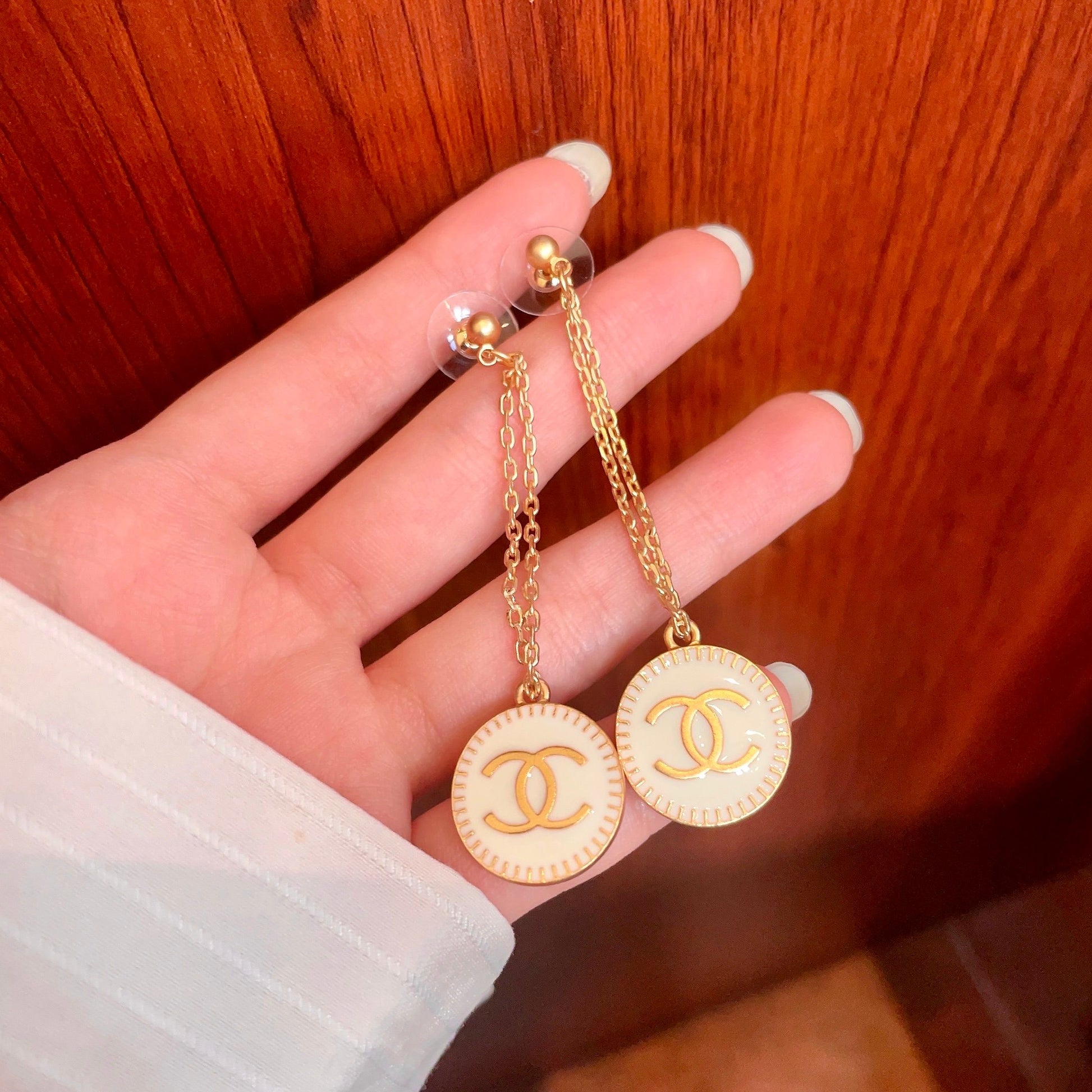 Double-C Emblem Statement Earrings in Polished Metal-Tone – Design 064 detail view