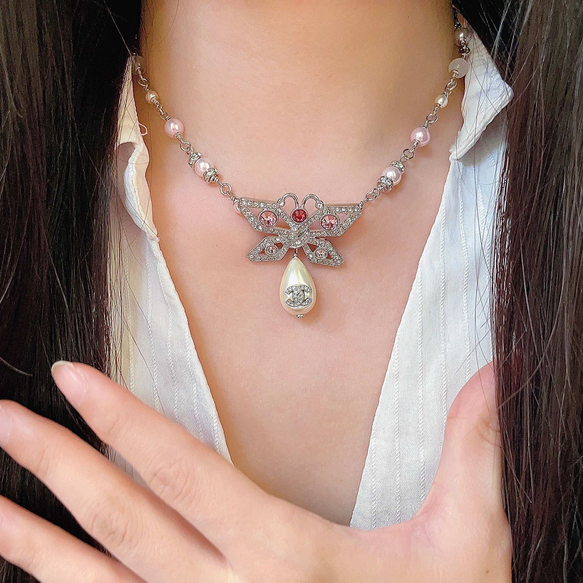 Double-C Emblem Pearl-Detail Pendant Necklace – Pearl Detail – Design 019 front product view