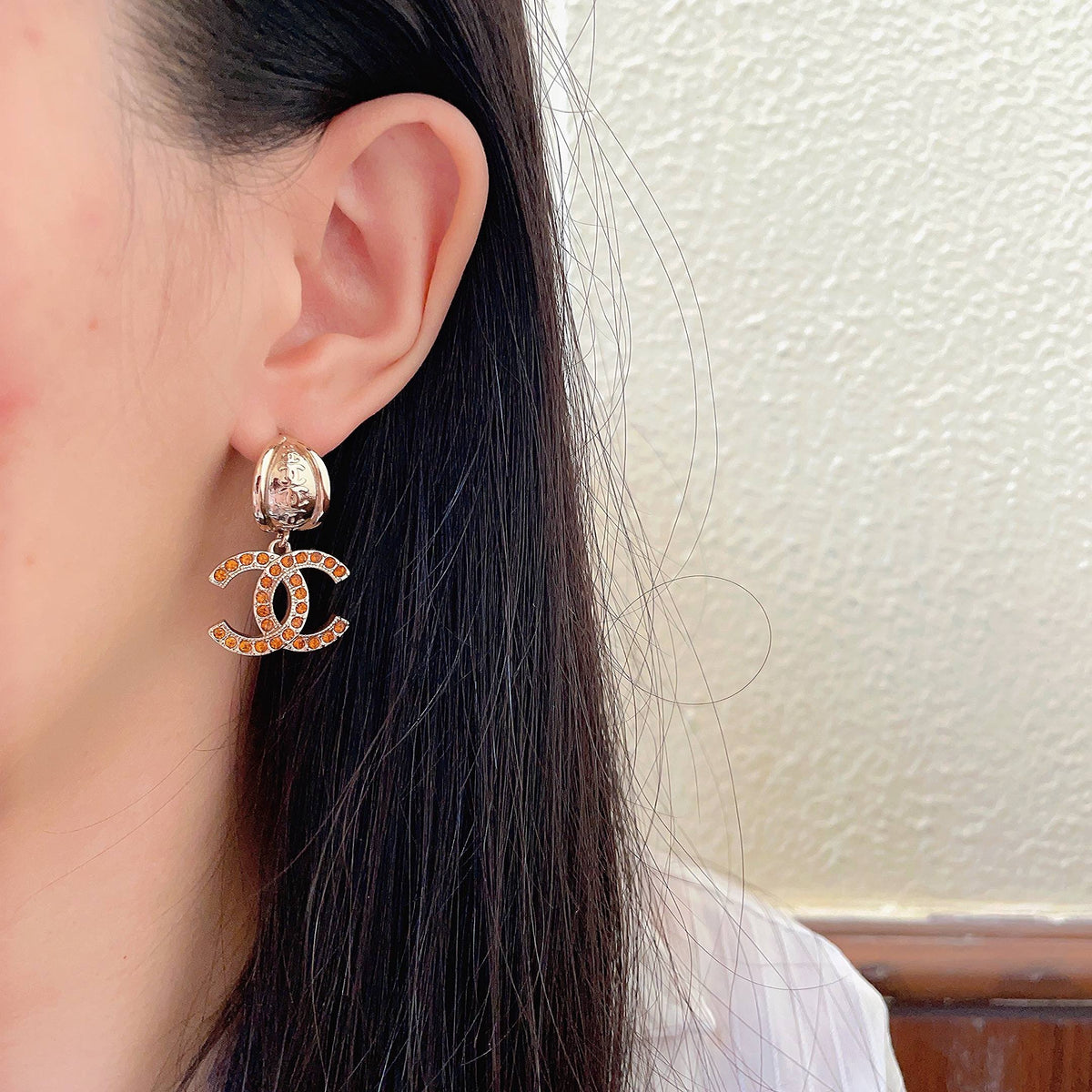 Double-C Emblem Crystal-Accent Statement Earrings – Design 002 detail view