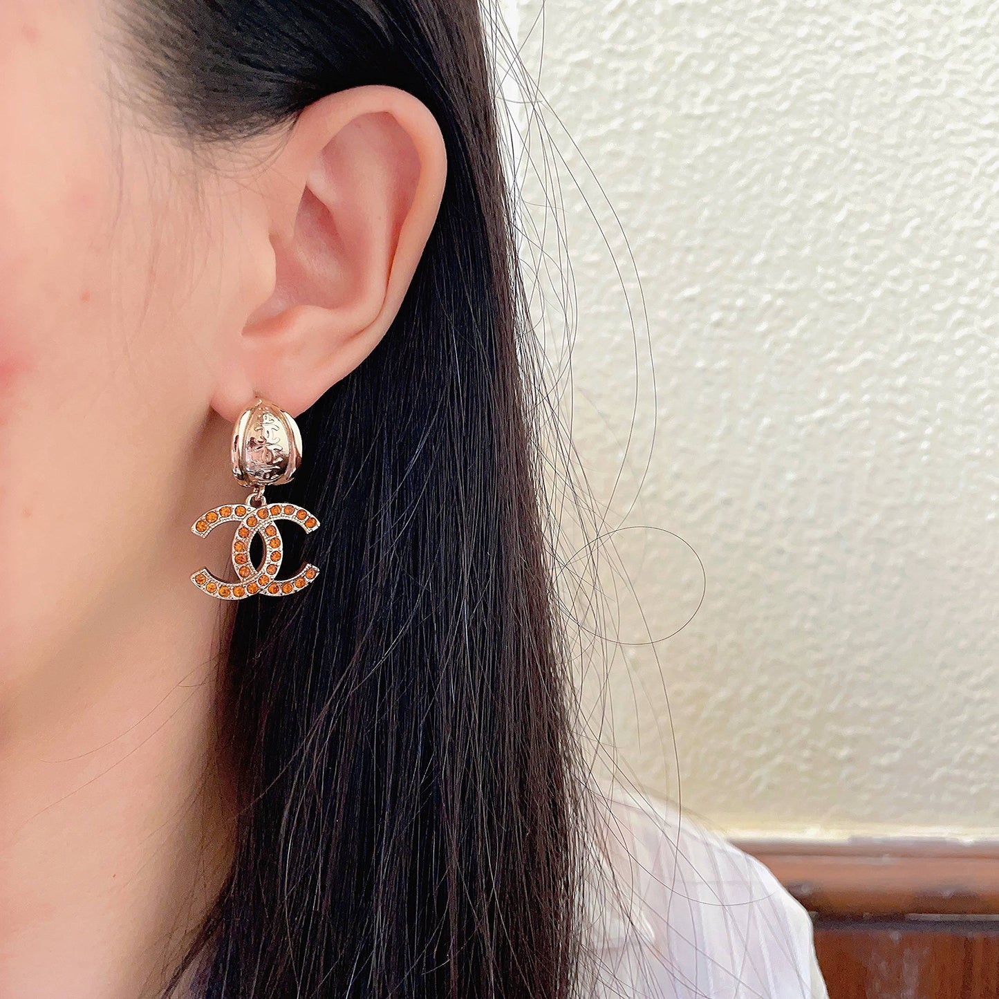 Double-C Emblem Crystal-Accent Statement Earrings – Design 005 detail view