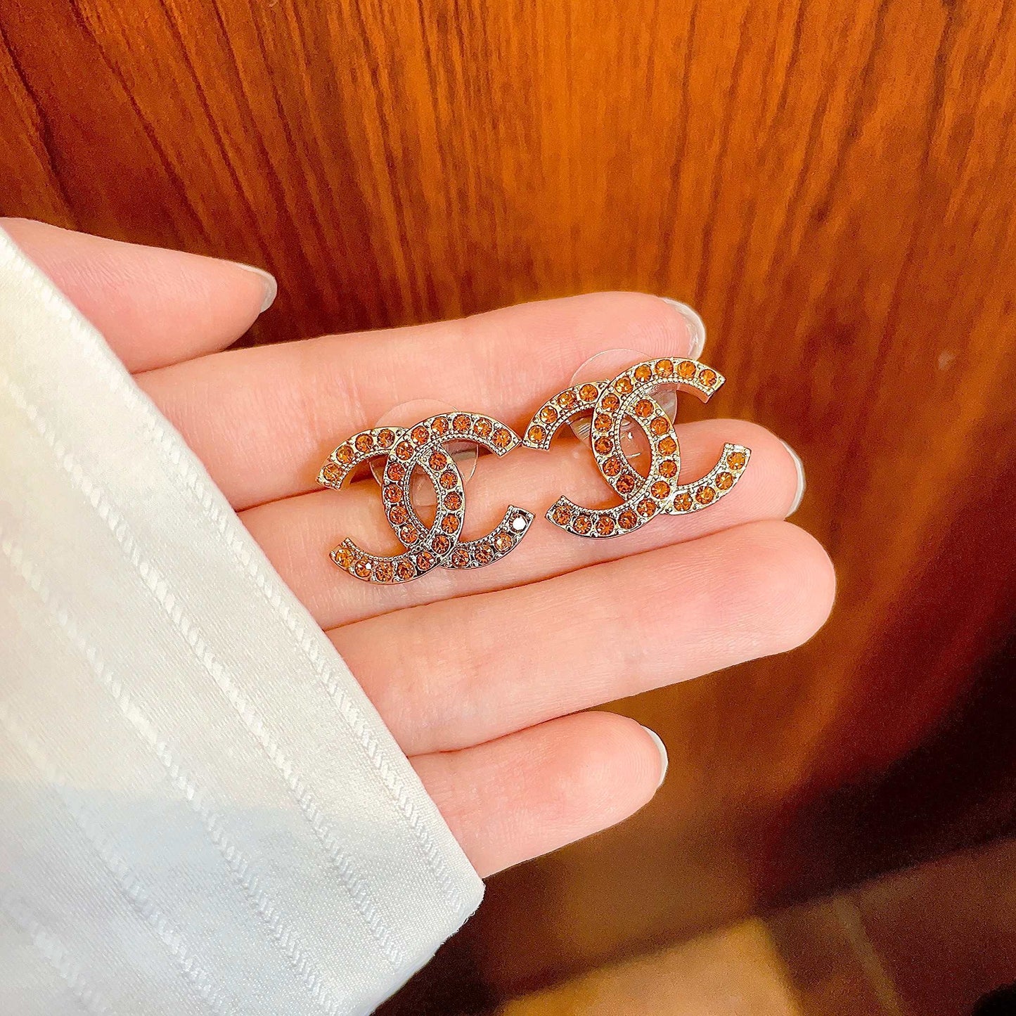 Double-C Emblem Crystal-Accent Stud Earrings – Design 001 side detail