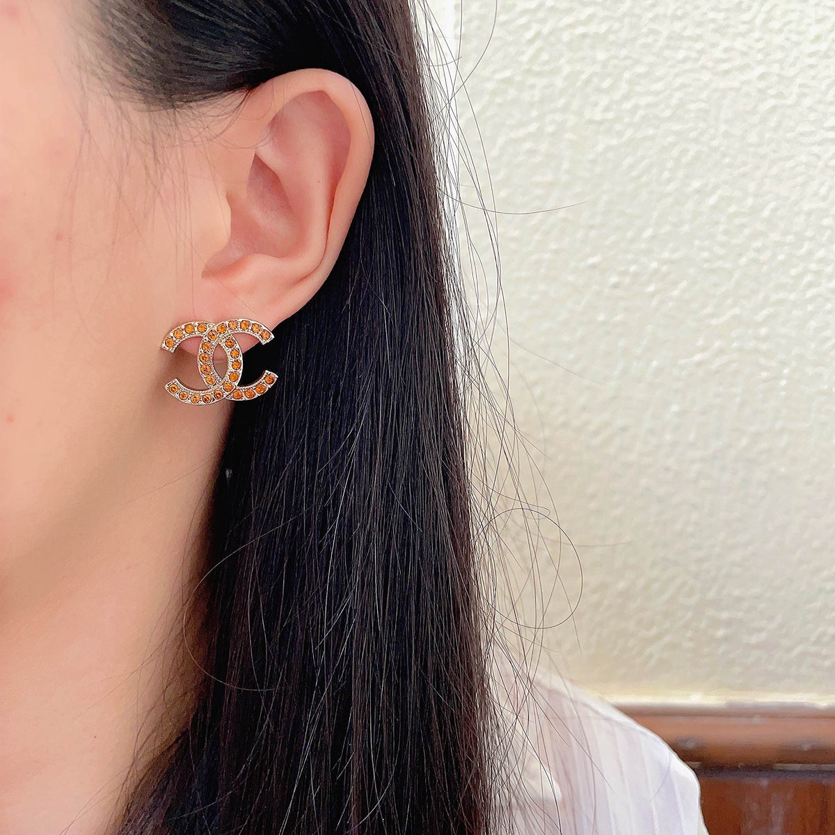 Double-C Emblem Crystal-Accent Stud Earrings – Design 001 detail view