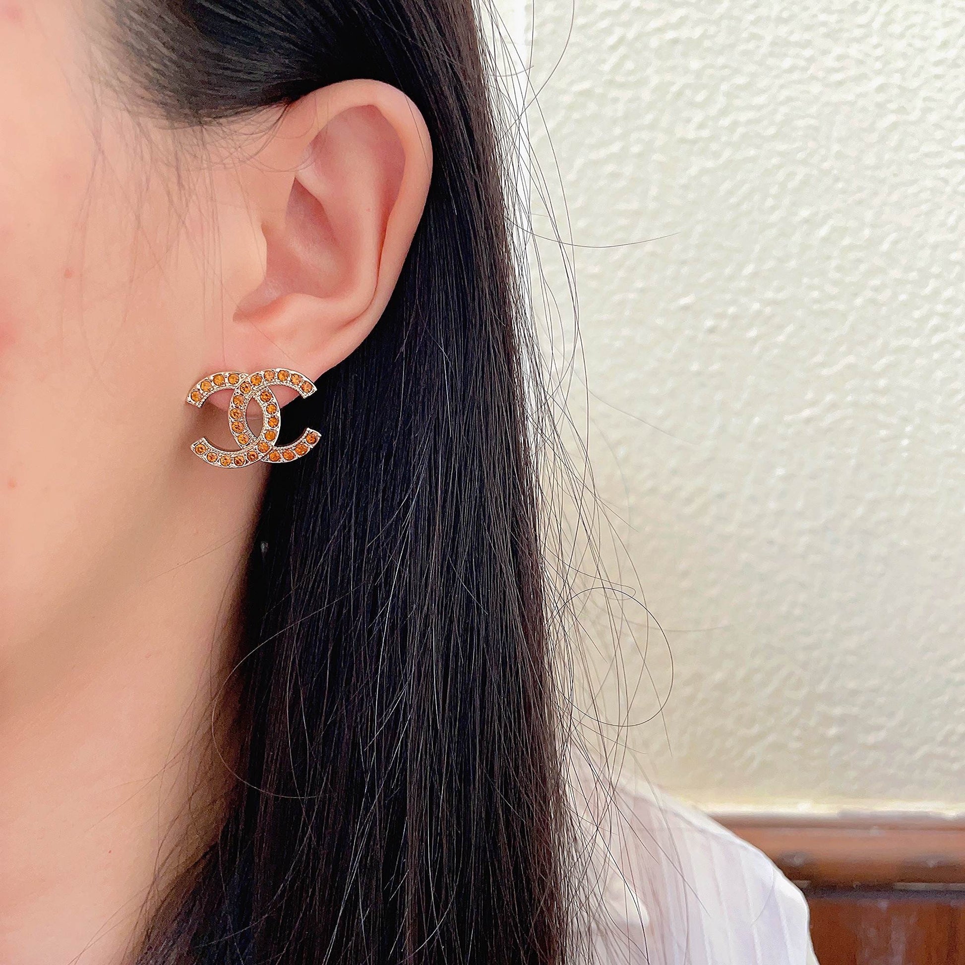 Double-C Emblem Crystal-Accent Stud Earrings – Design 001 detail view