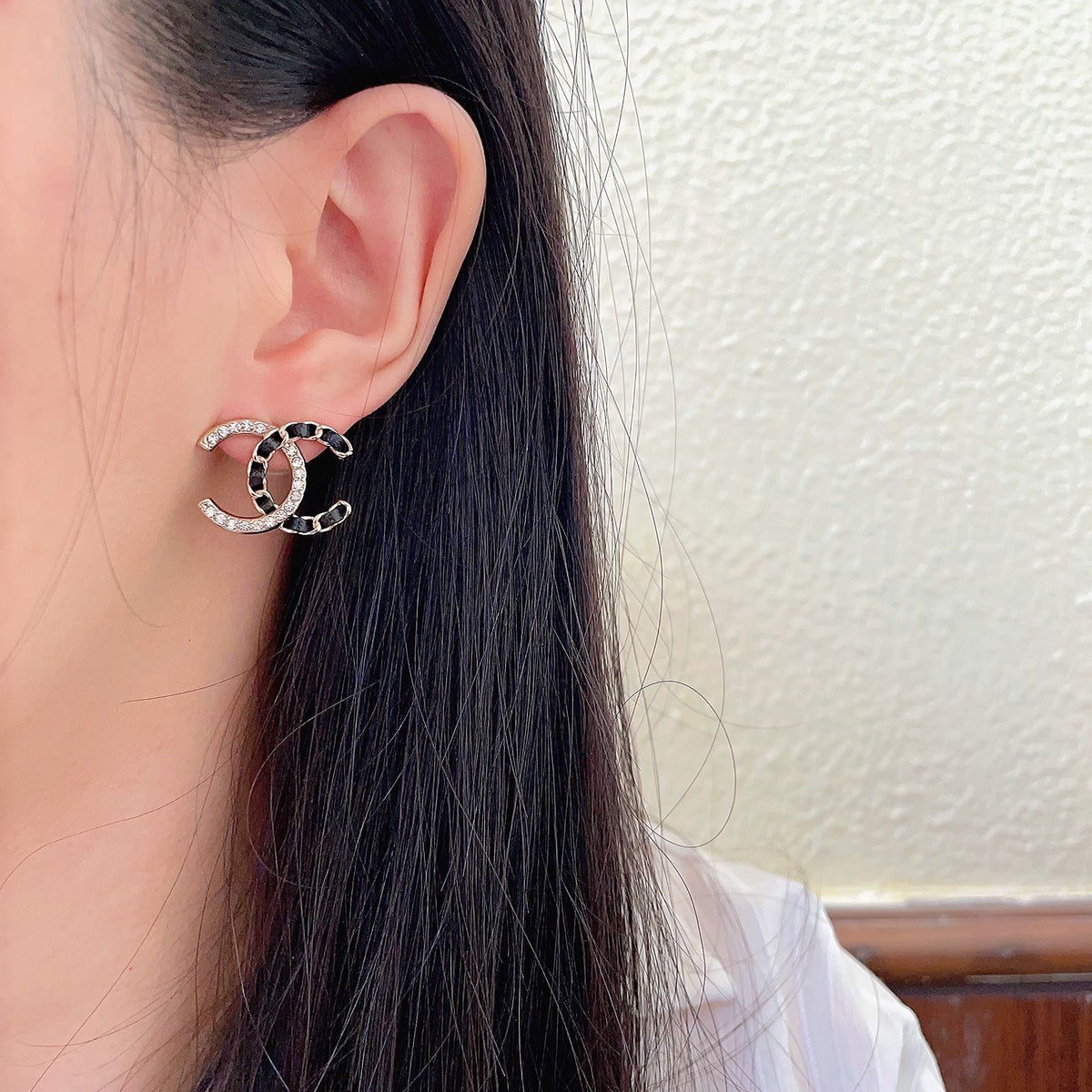 Double-C Emblem Crystal-Accent Stud Earrings – Design 003 detail view