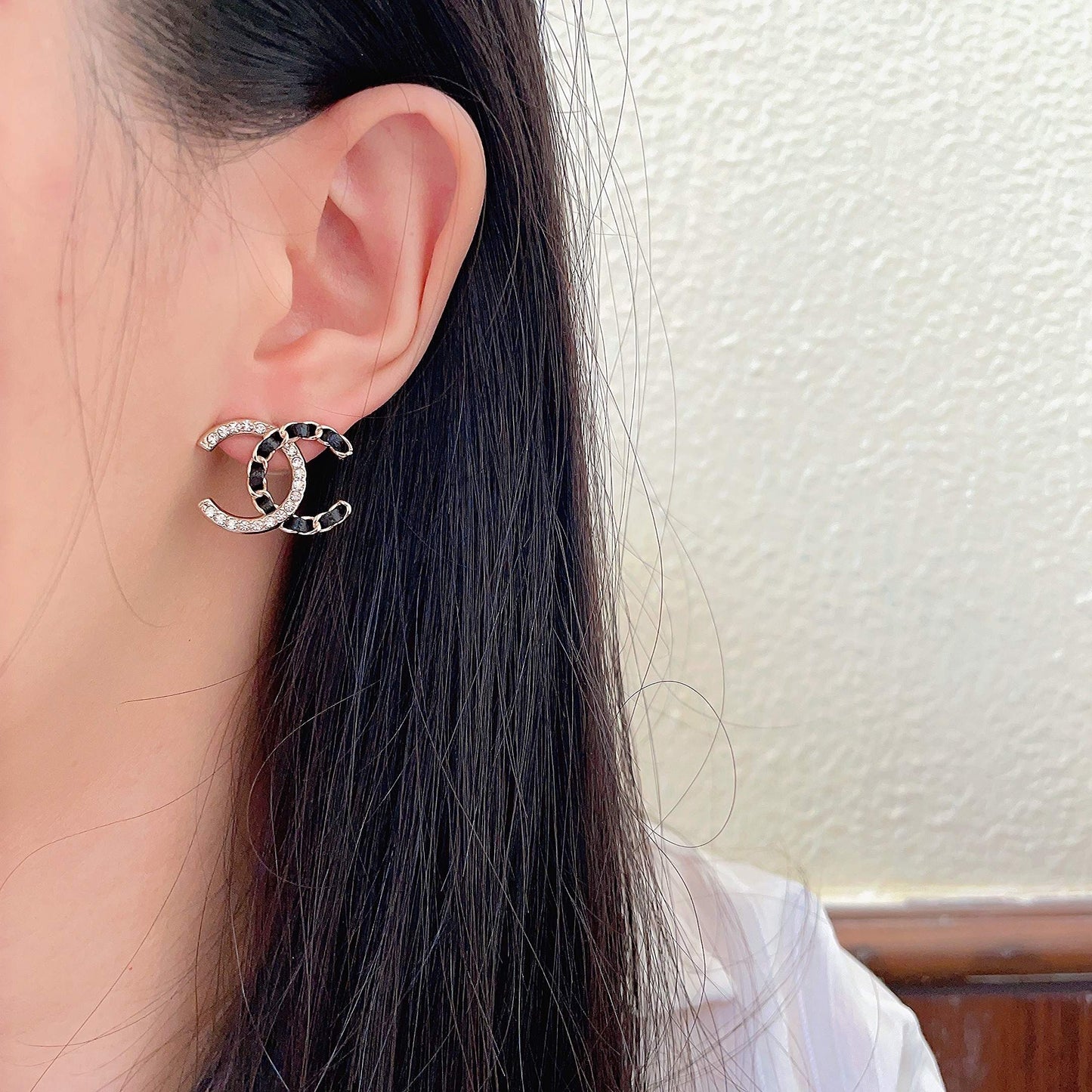 Double-C Emblem Crystal-Accent Stud Earrings – Design 011 detail view
