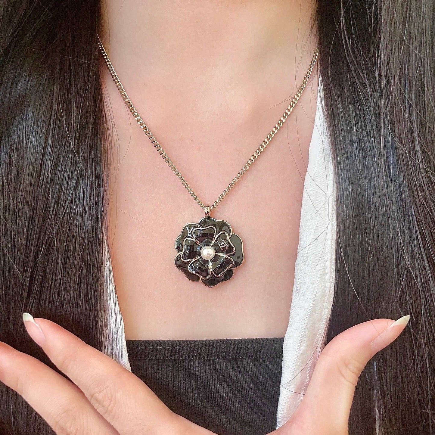 Camellia Pendant Necklace in Polished Metal-Tone – Camellia Detail – Design 004 front product view