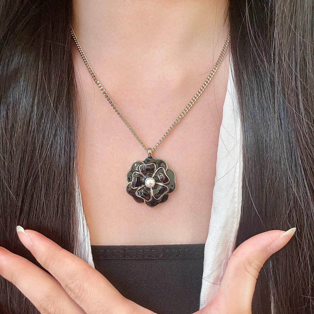 Camellia Pendant Necklace in Polished Metal-Tone – Camellia Detail – Design 006 front product view
