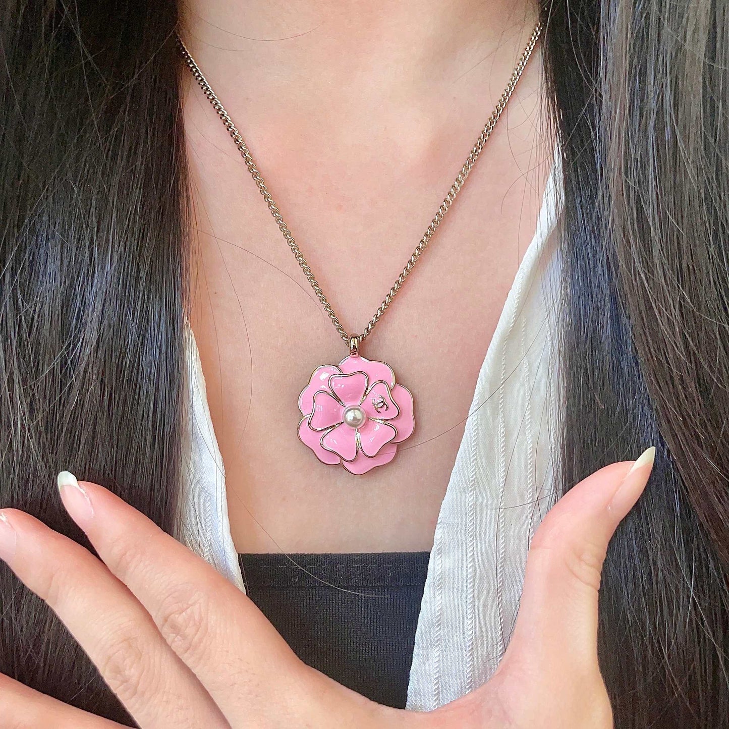Camellia Pendant Necklace in Polished Metal-Tone – Camellia Detail – Design 003 front product view
