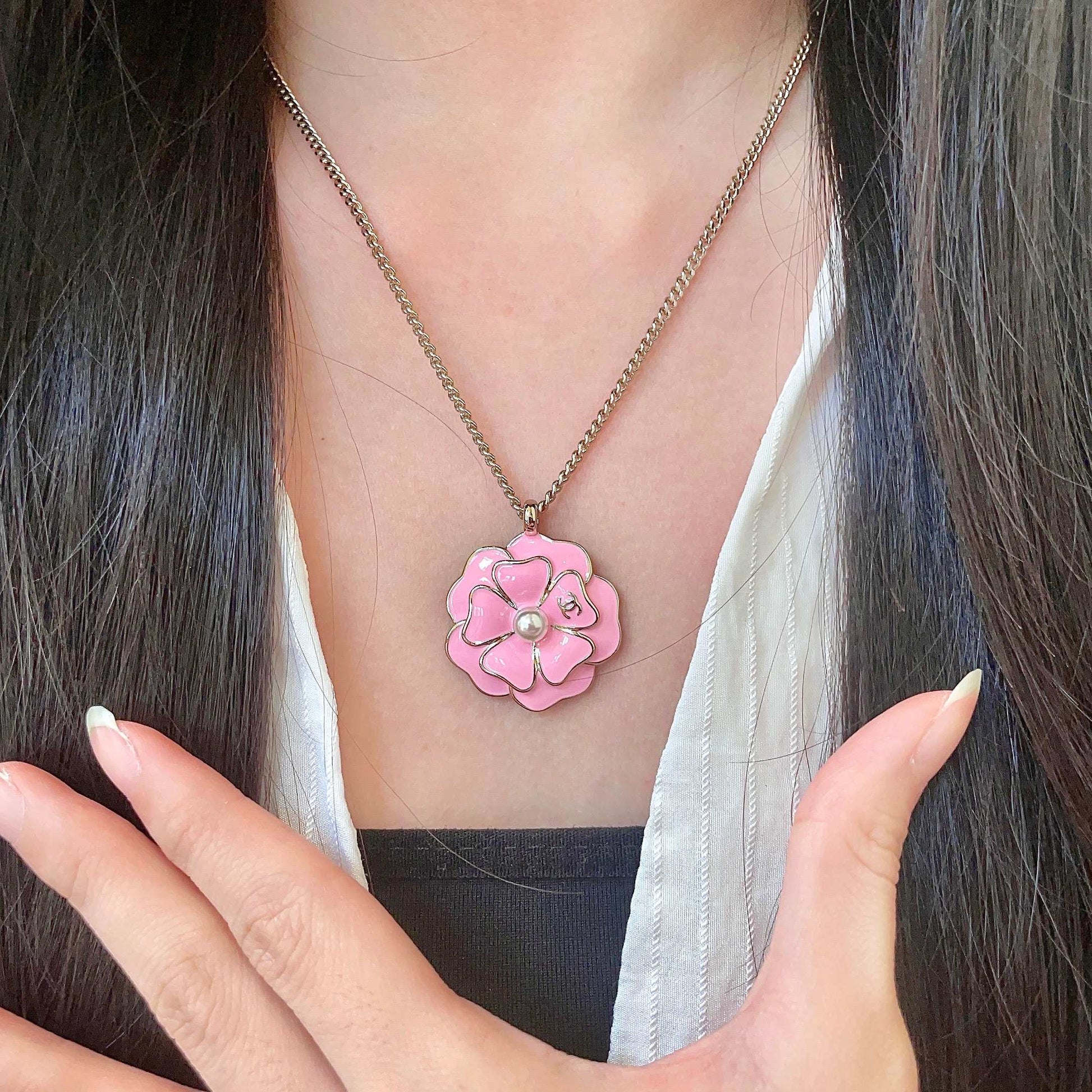Camellia Pendant Necklace in Polished Metal-Tone – Camellia Detail – Design 003 front product view