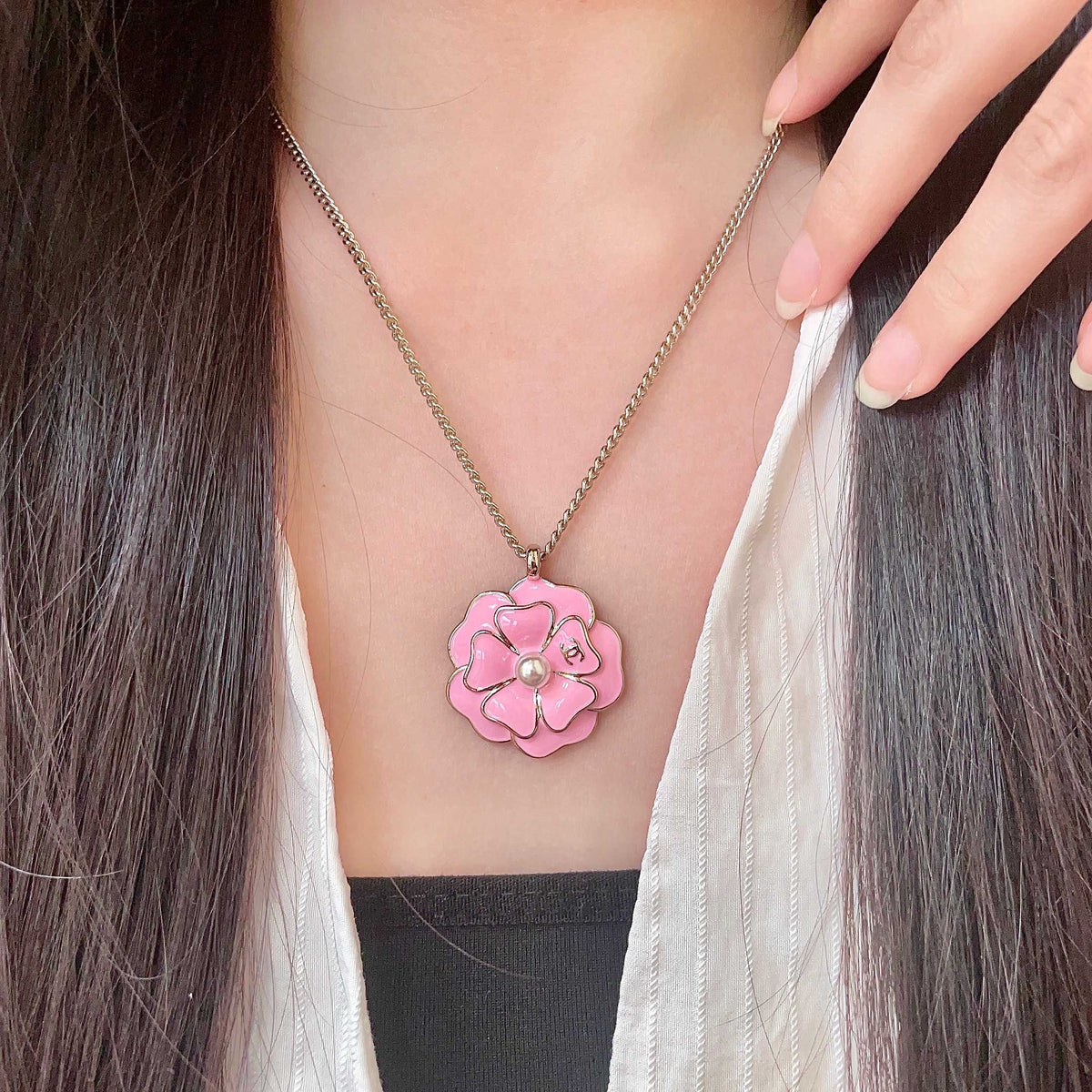 Camellia Pendant Necklace in Polished Metal-Tone – Camellia Detail – Design 003 main product view