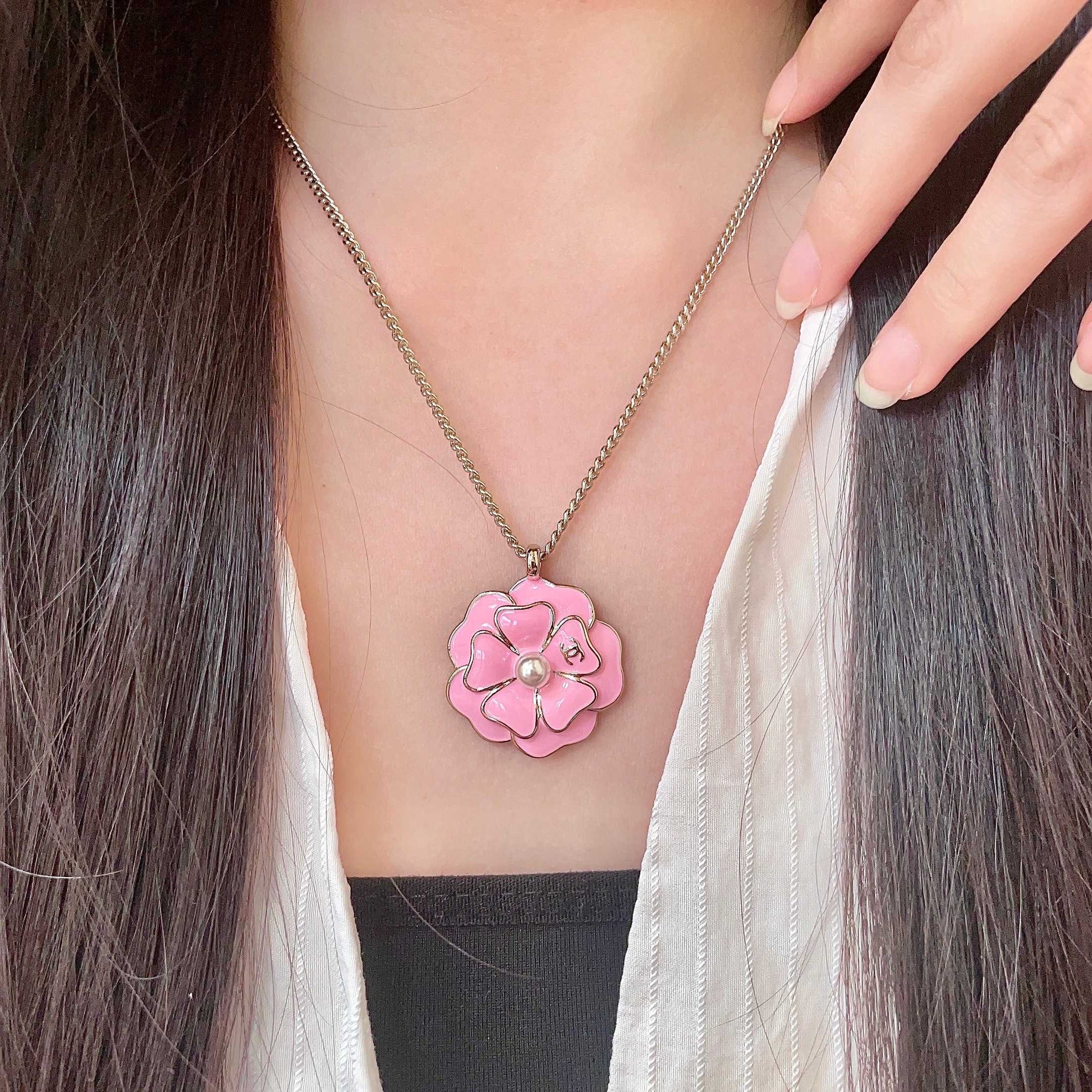 Camellia Pendant Necklace in Polished Metal-Tone – Camellia Detail – Design 009 main product view