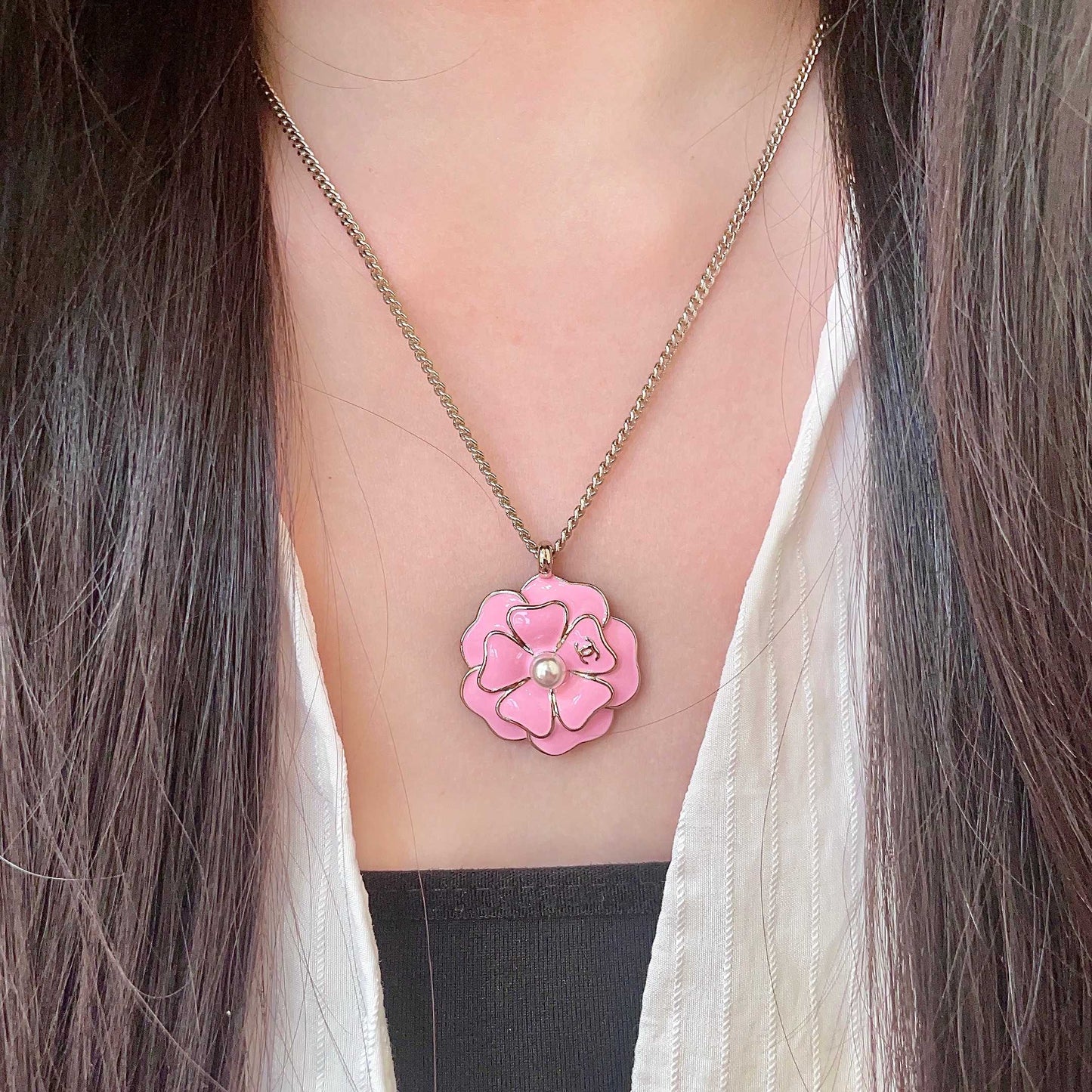 Camellia Pendant Necklace in Polished Metal-Tone – Camellia Detail – Design 009 detail view