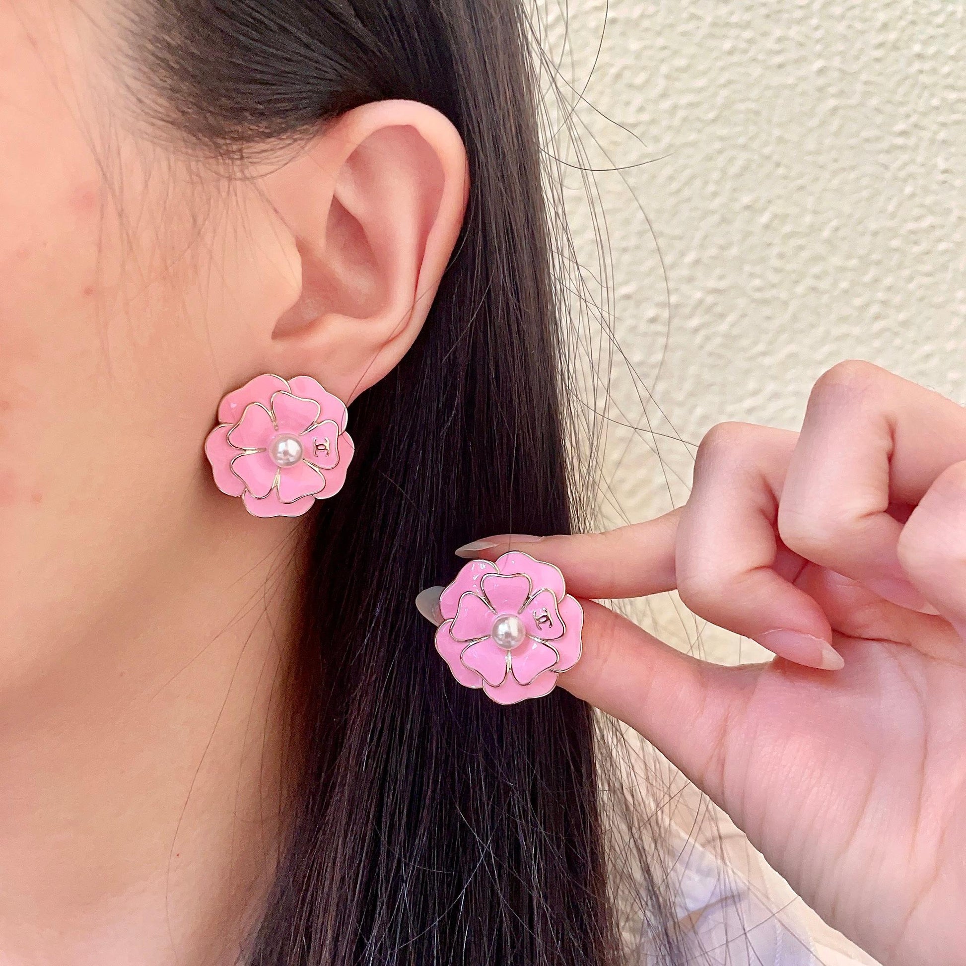 Camellia Stud Earrings in Polished Metal-Tone – Camellia Detail – Design 010 main product view