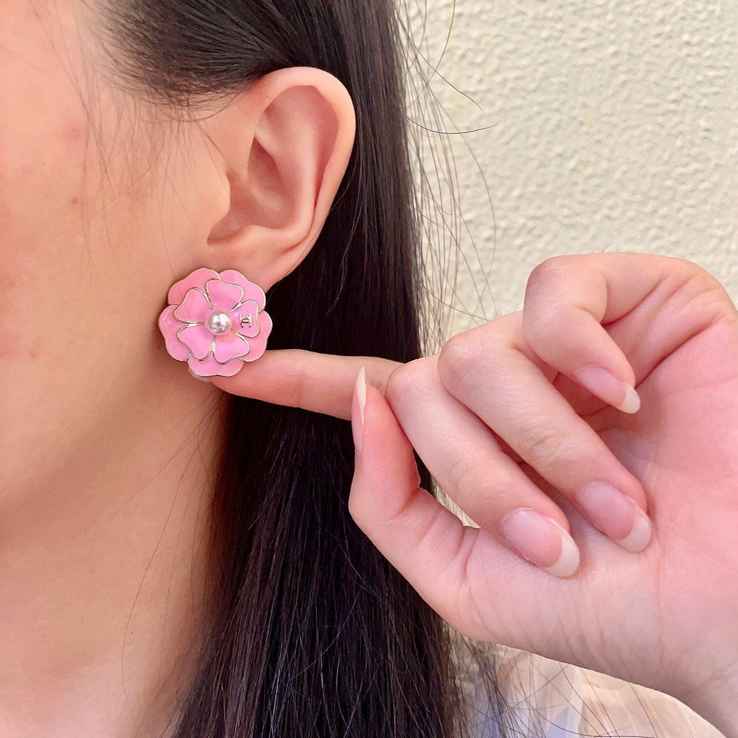 Camellia Stud Earrings in Polished Metal-Tone – Camellia Detail – Design 010 front product view
