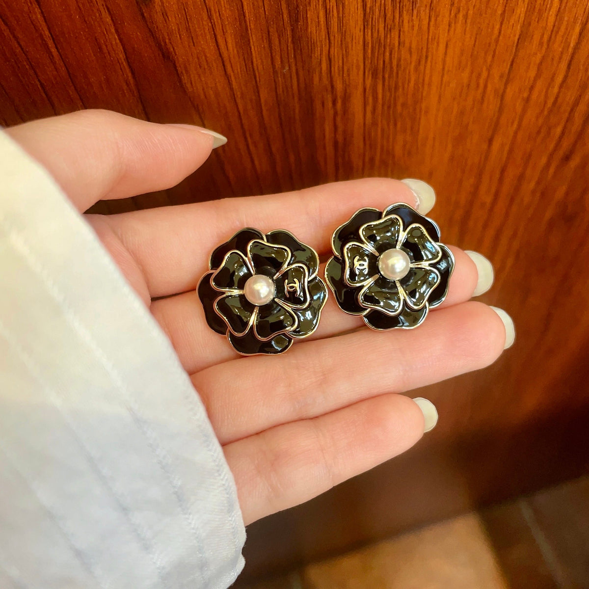 Camellia Stud Earrings in Polished Metal-Tone – Camellia Detail – Design 020 side detail