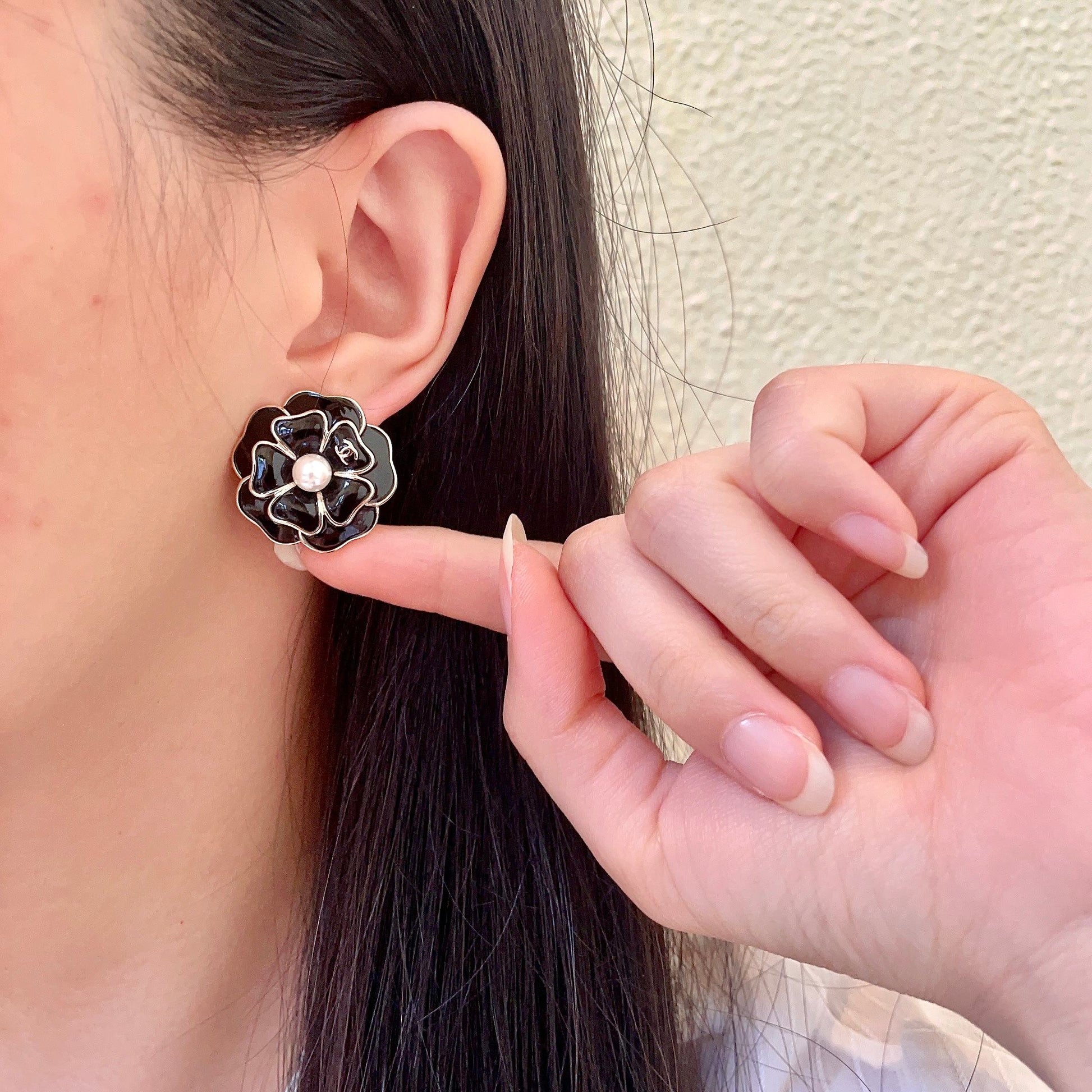 Camellia Stud Earrings in Polished Metal-Tone – Camellia Detail – Design 009 front product view