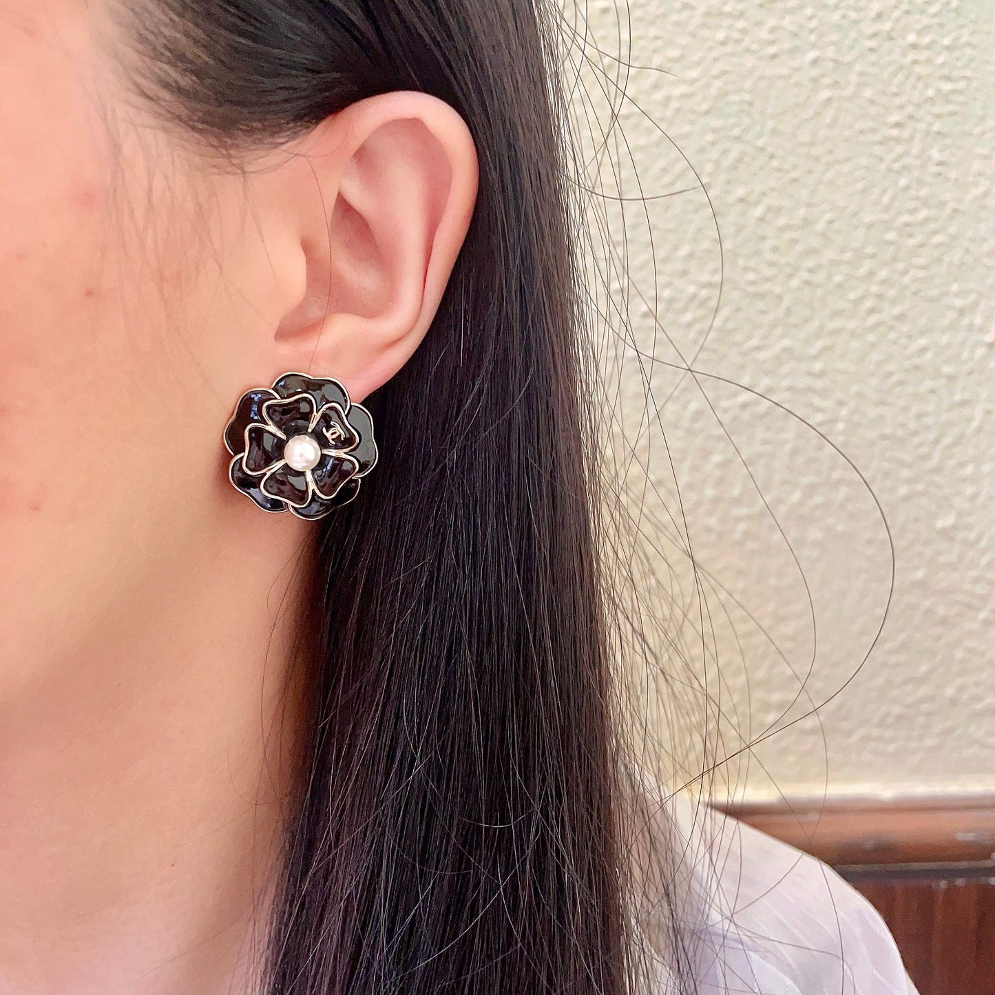 Camellia Stud Earrings in Polished Metal-Tone – Camellia Detail – Design 009 detail view
