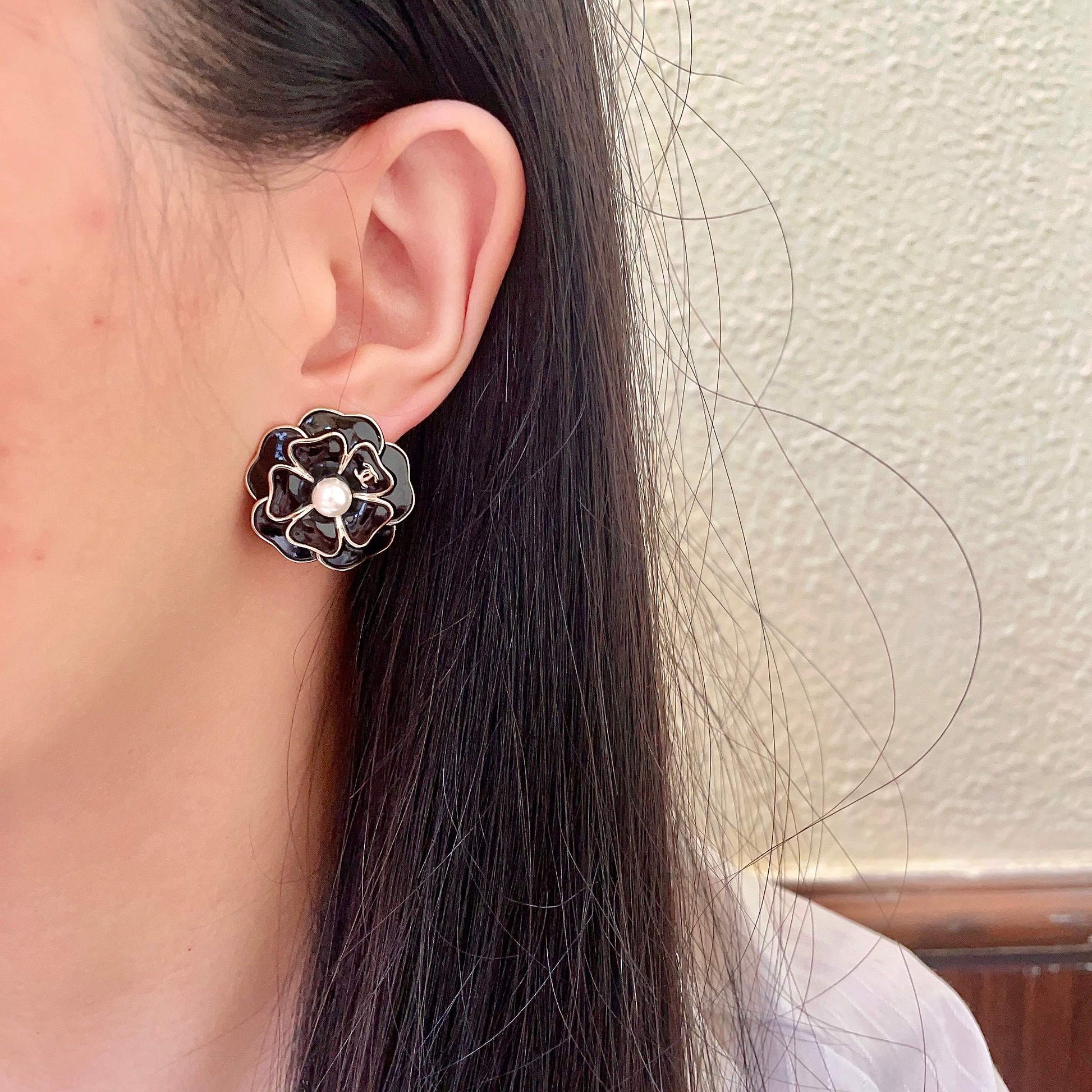 Camellia Stud Earrings in Polished Metal-Tone – Camellia Detail – Design 020 detail view