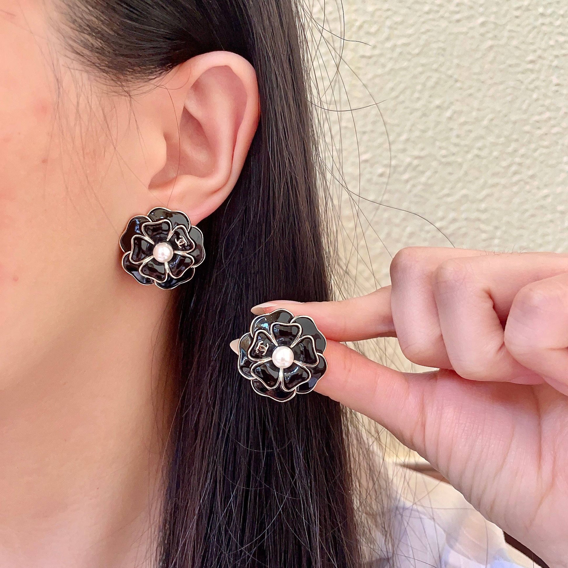 Camellia Stud Earrings in Polished Metal-Tone – Camellia Detail – Design 020 main product view